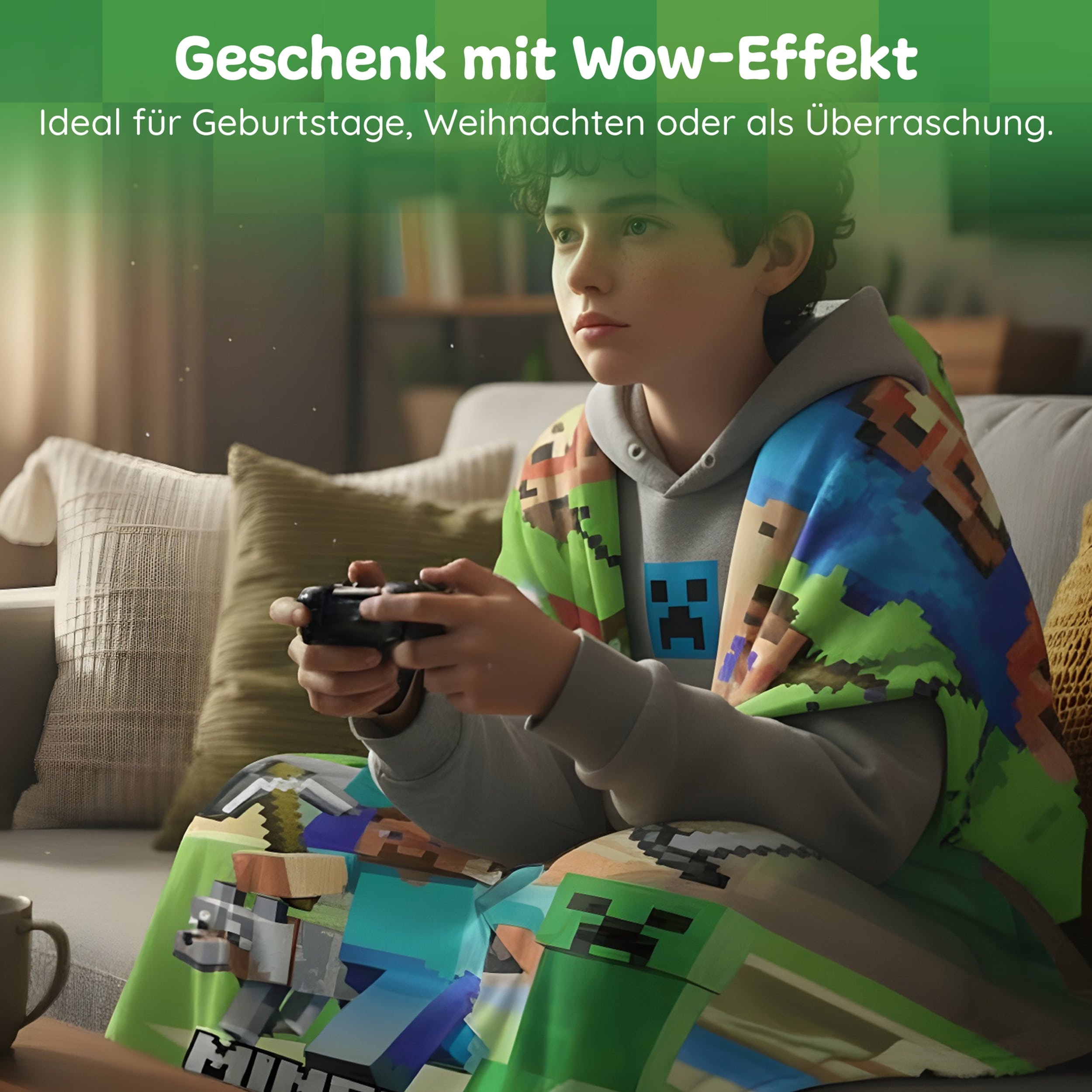 Minecraft Tagesdecke XL 160 x 200 cm - Überwurfdecke für Gamer - Kuscheldecke für Jungen in Fleece-Qualität, extra flauschig und groß