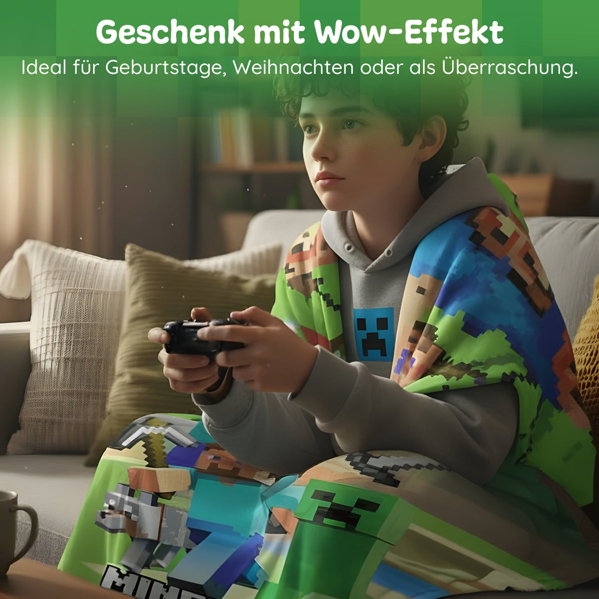 Minecraft Tagesdecke XL 160 x 200 cm - Überwurfdecke für Gamer - Kuscheldecke für Jungen in Fleece-Qualität, extra flauschig und groß