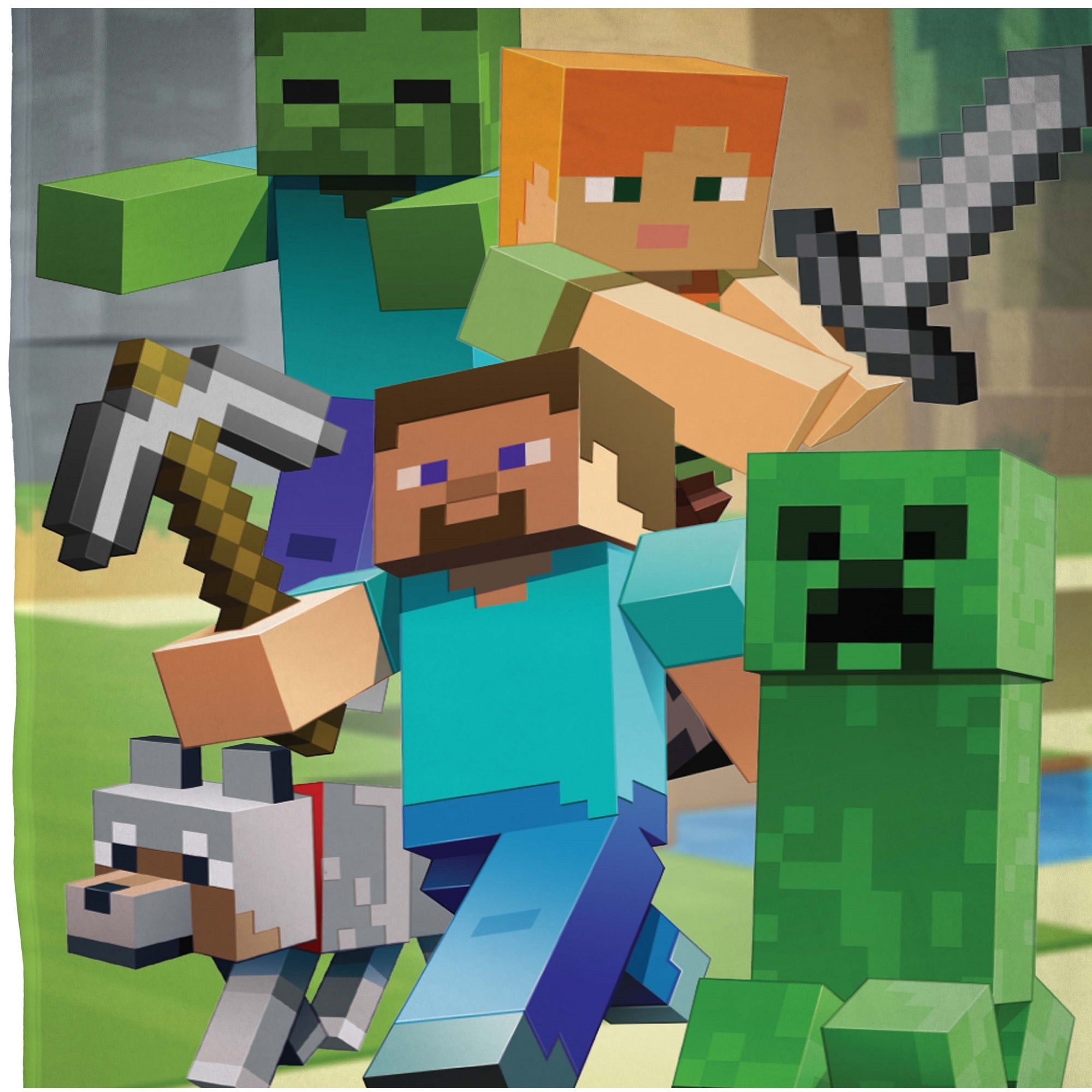 Detailansicht Charaktere auf Decke Steve mit Hacke Alex mit Schwert Creeper Zombie und Hund