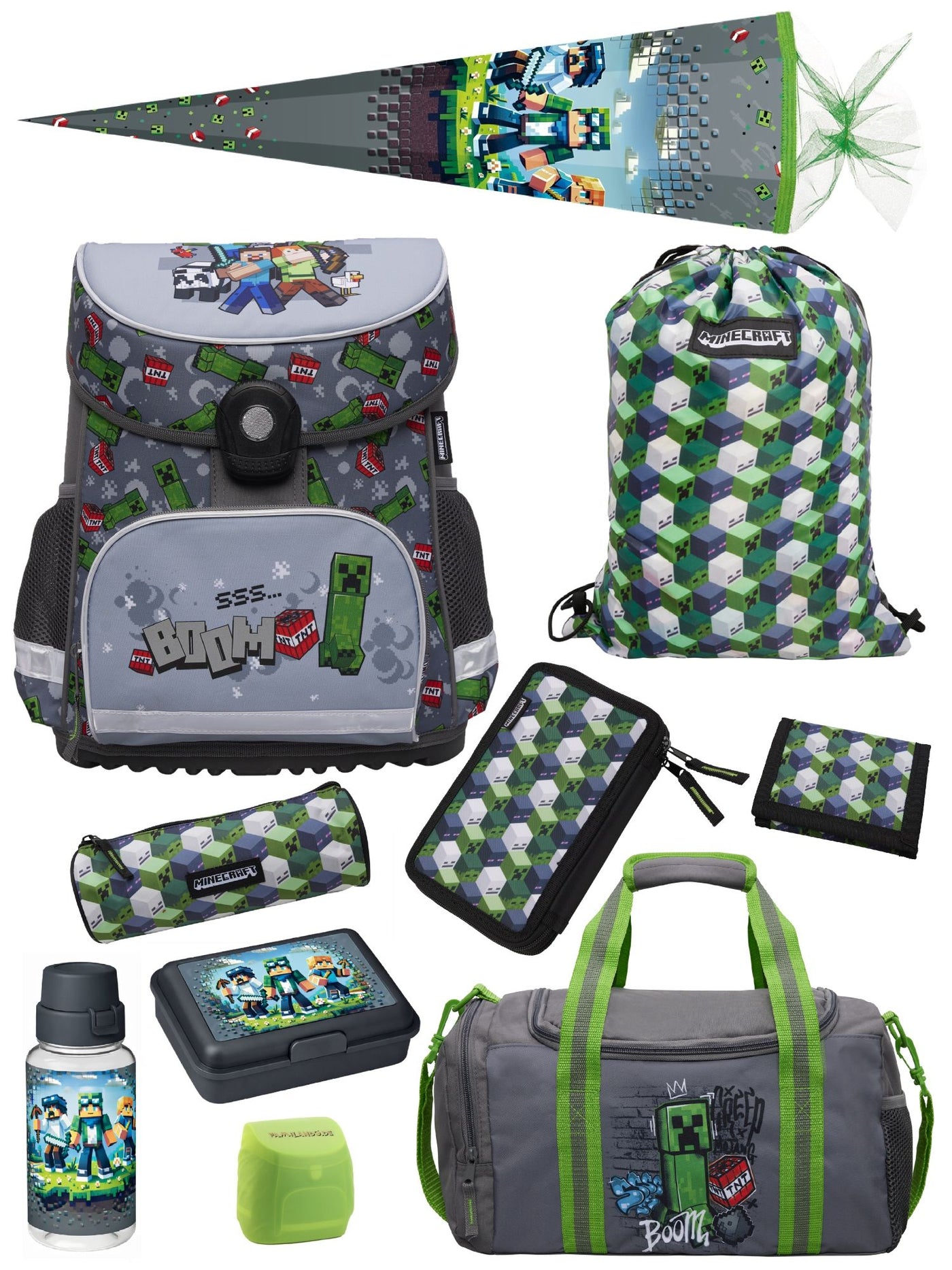 Familando Minecraft Schulranzen Set, grau - Gaming Pixel Schultasche ab 1. Klasse