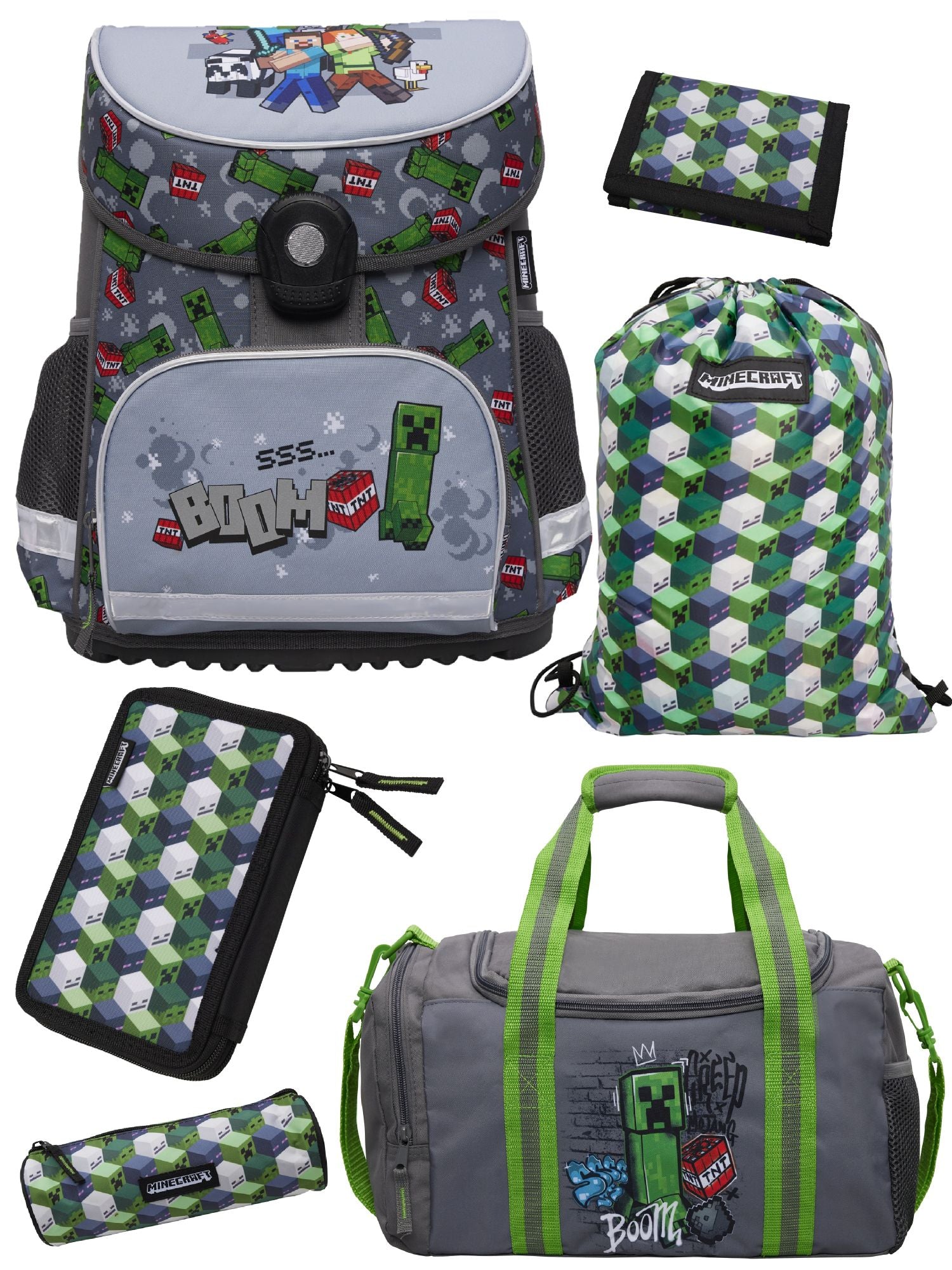 Familando Minecraft Schulranzen Set, grau - Gaming Pixel Schultasche ab 1. Klasse