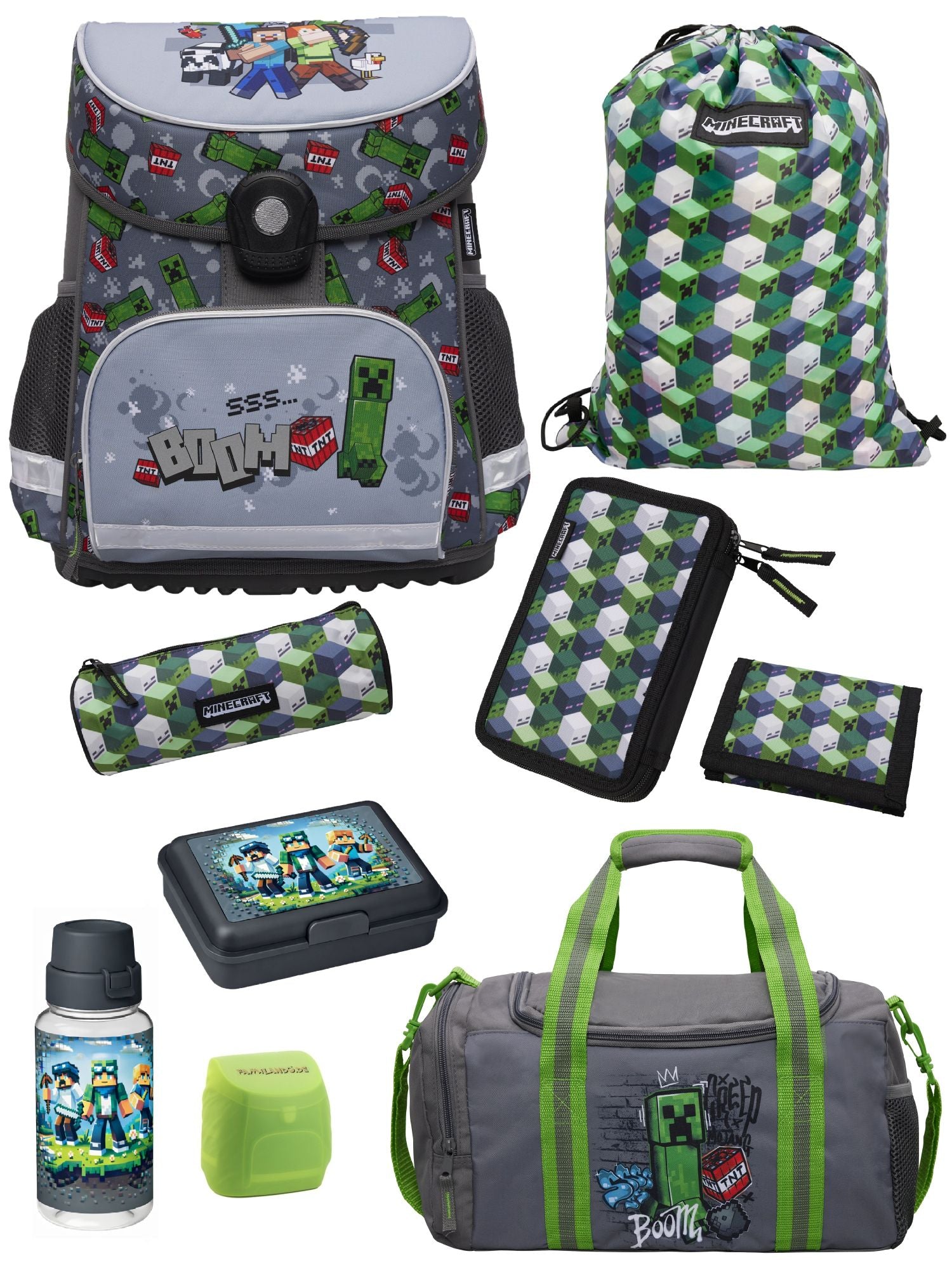 Familando Minecraft Schulranzen Set, grau - Gaming Pixel Schultasche ab 1. Klasse
