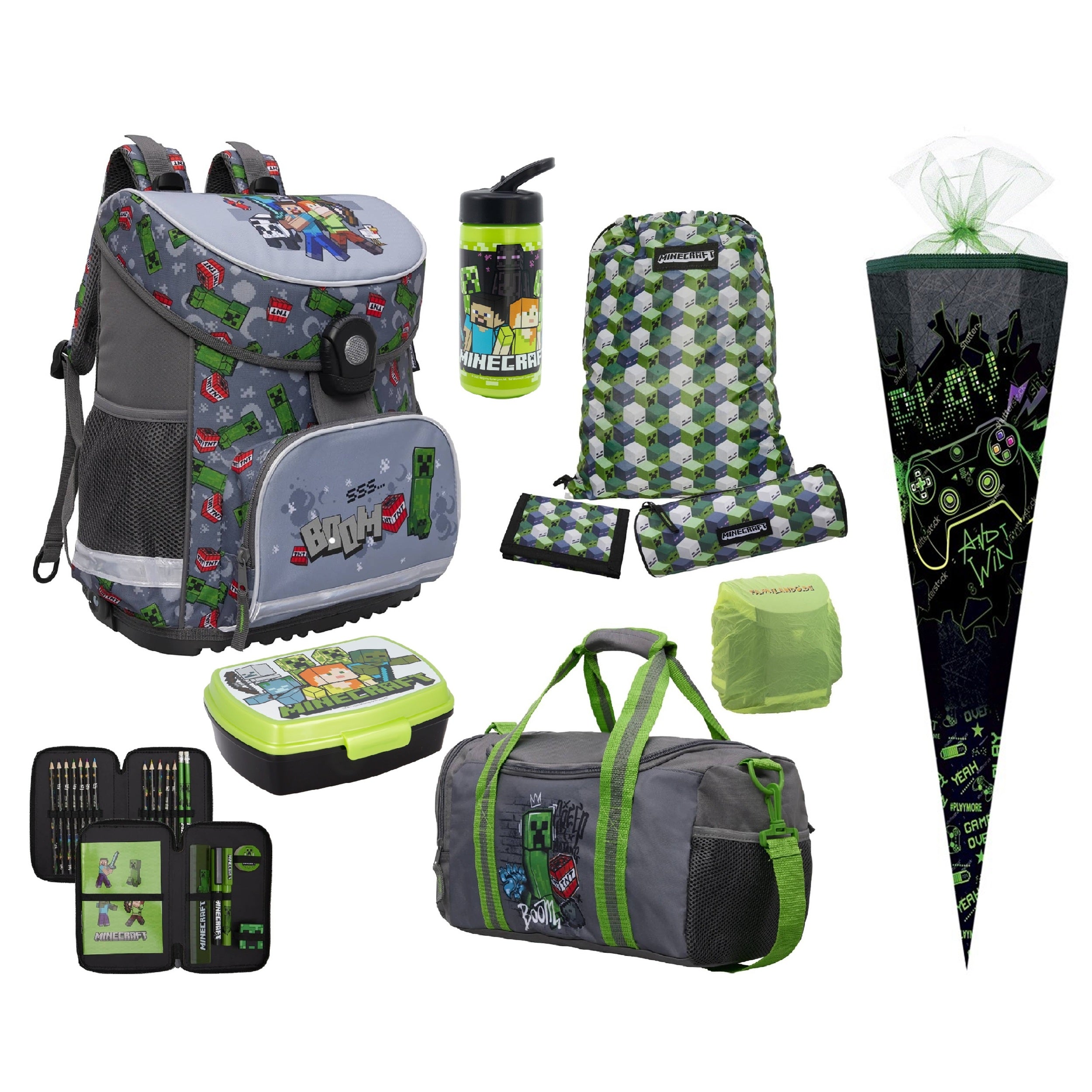 Minecraft Schulranzen Set Komplett-Set für die 1. Klasse · Ergonomische Schultasche Leicht und Kompakt inkl. großer Sporttasche
