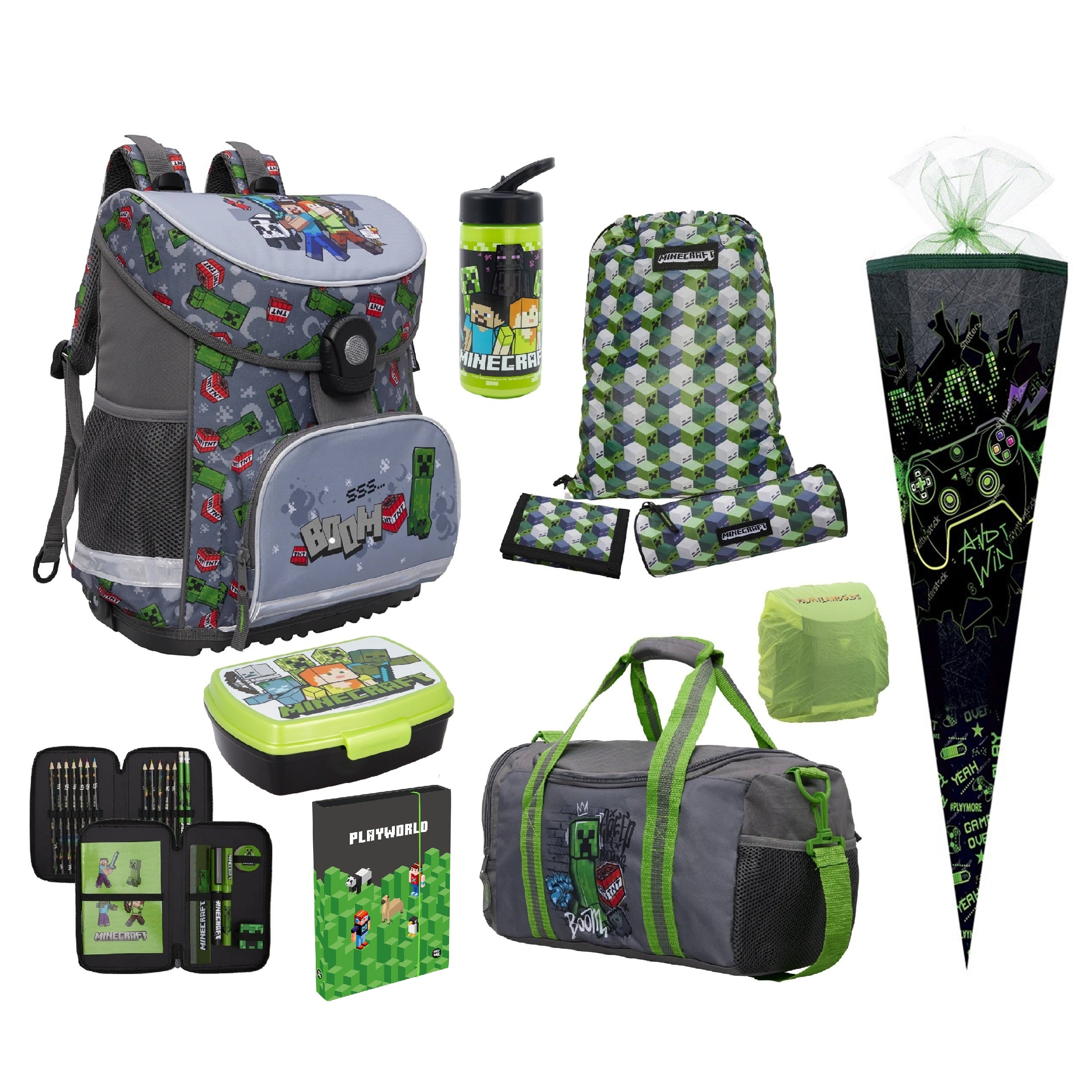 Minecraft Schulranzen Set Komplett-Set für die 1. Klasse · Ergonomische Schultasche Leicht und Kompakt inkl. großer Sporttasche