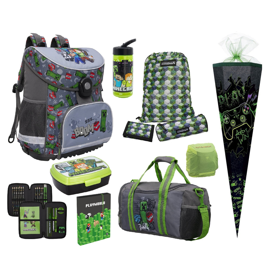 Minecraft Schulranzen Set 11-teilig mit Sporttasche, Dose, Falsche, Schultüte, Heftbox, Turn- & Geldbeutel, Regenschutz und Schlamperrolle