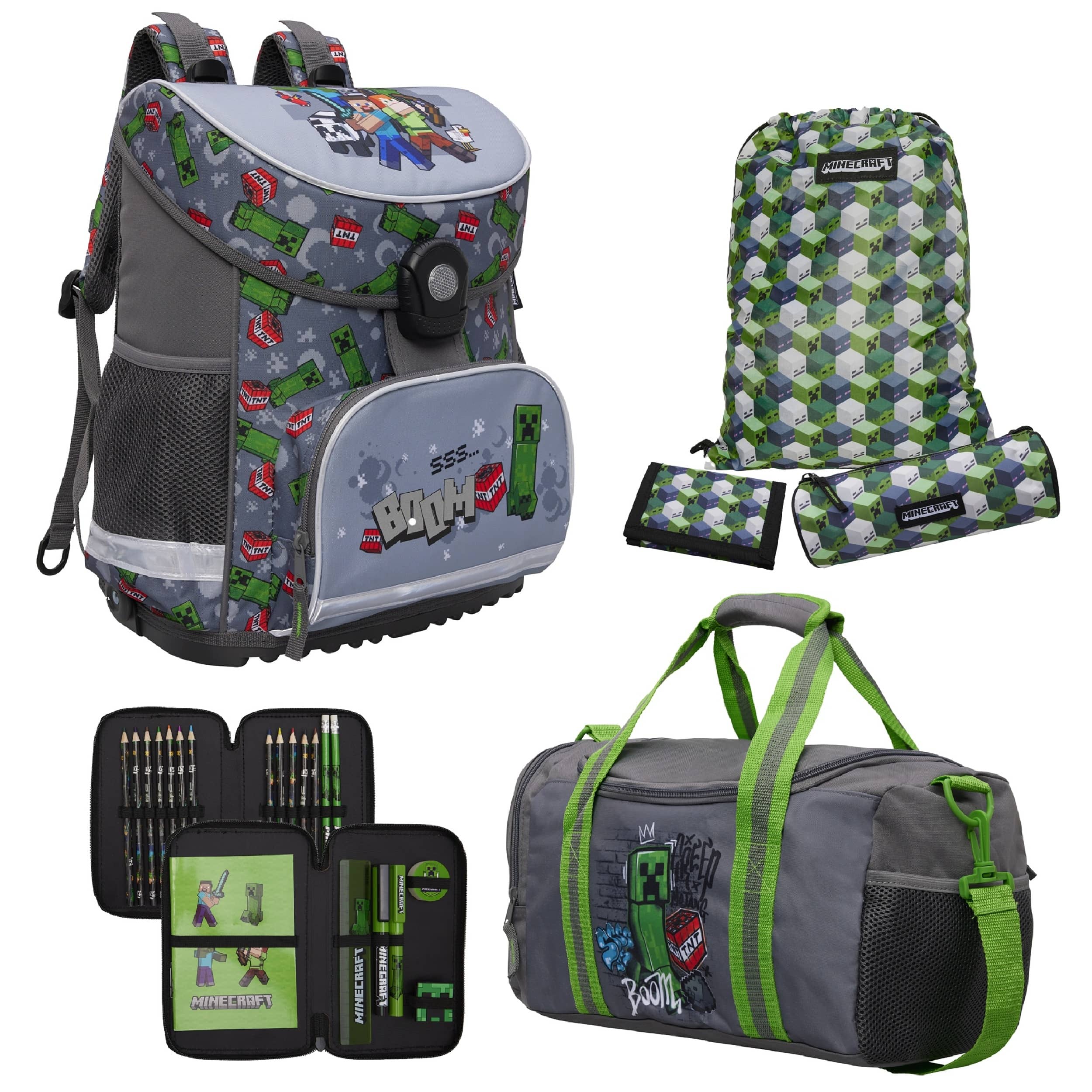 Minecraft Schulranzen Set Komplett-Set für die 1. Klasse · Ergonomische Schultasche Leicht und Kompakt inkl. großer Sporttasche