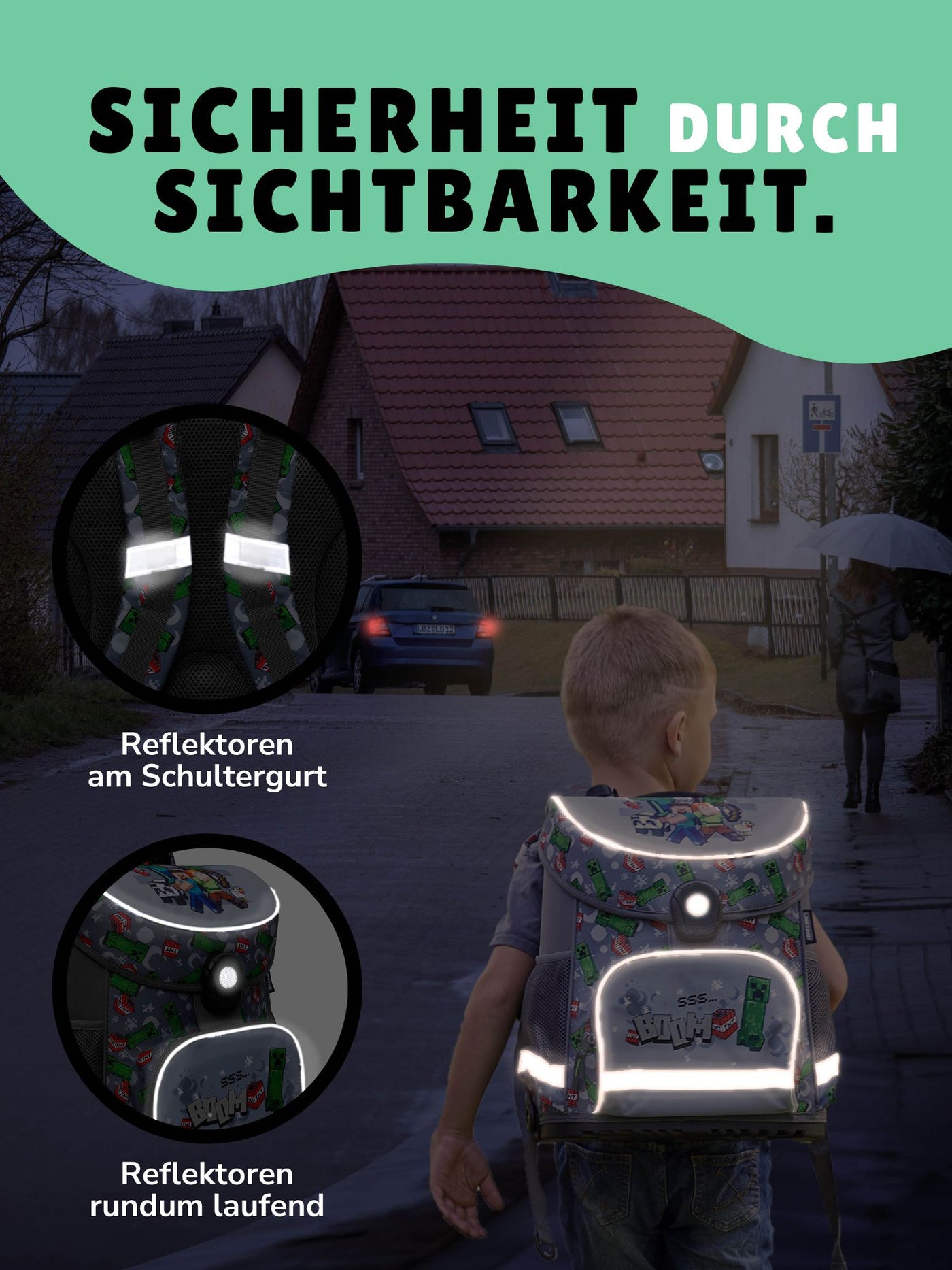 Kleiner Junge läuft an dunkler Straße entlang - die Reflektoren des Schulranzens sind gut zu erkennen und strahlen hell