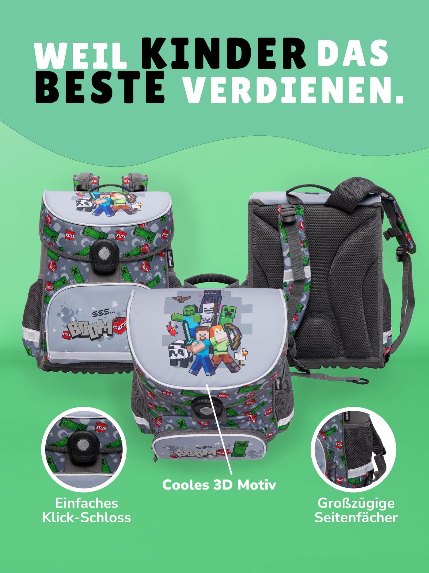 Mehrfachansicht des Schulranzens: Front, Rück und Deckel mit Motiv - Info  zum Verschluss und Seitentaschen