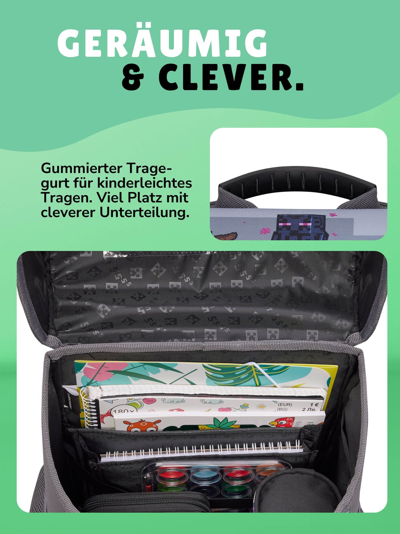 Detailansicht Hauptfach Innen gefüllt mit Heften + Gummigriff am Deckel