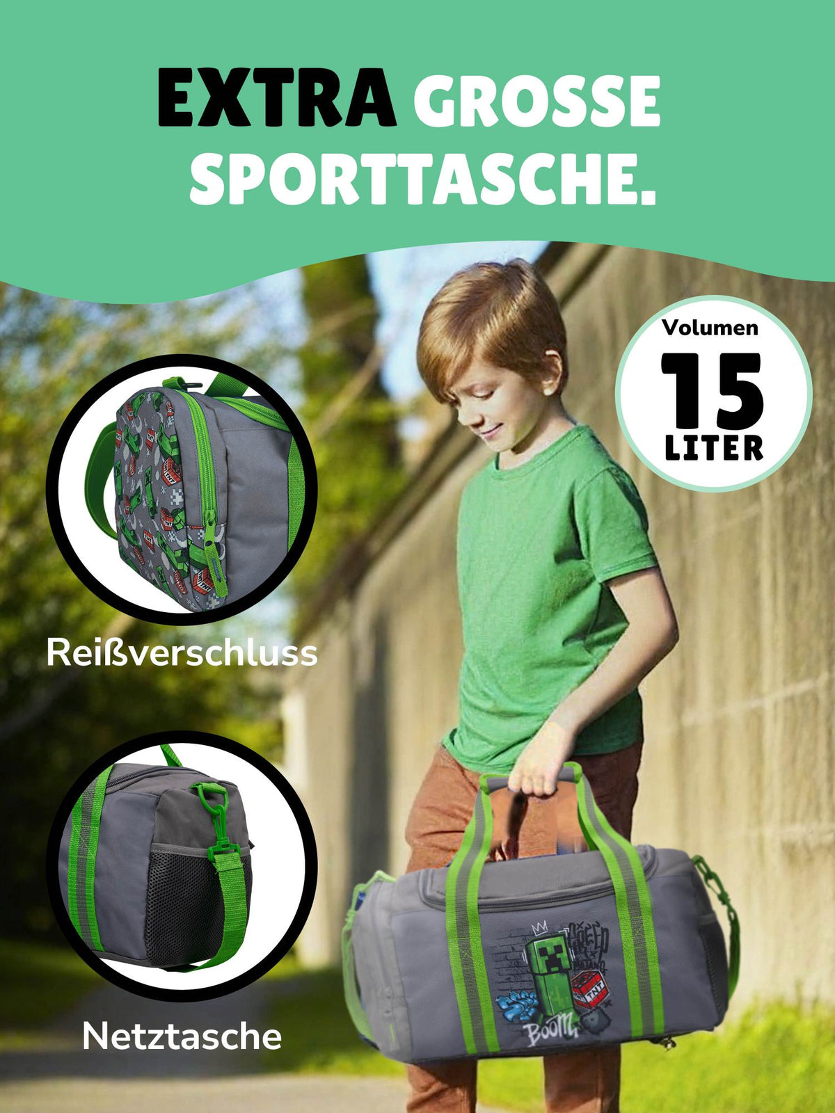Minecraft Sporttasche für Jungen mit Creeper - Graue Tasche für Sport, Schule, Freizeit mit Schultergurt - 15 L Volumen, Reißverschlüsse, Netzfach