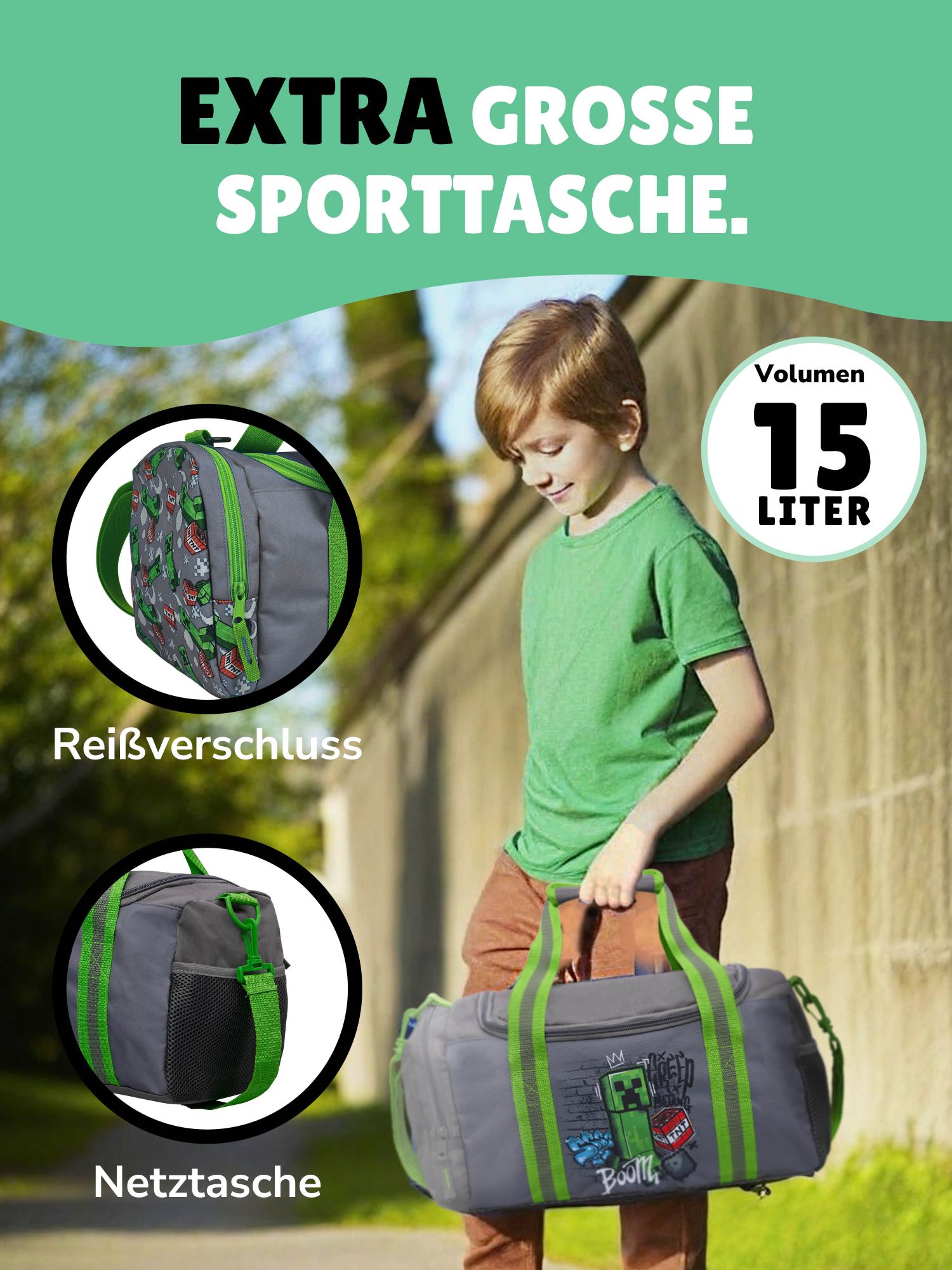 Junge hält große Minecraft Sporttasche mit Creeper Motiv - Info zu Reißverschluss und Netztasche an den Stirnseiten