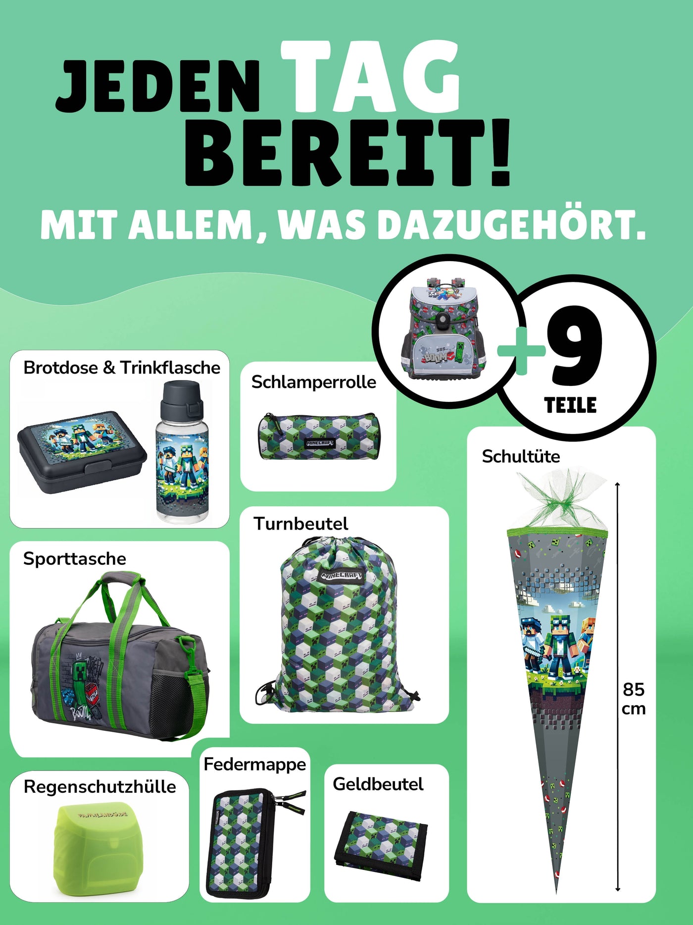 Minecraft Schulranzen Set Grau für Jungen - Komplett-Set für die 1. bis 4. Klasse - Schultasche Ergonomisch, Leicht, Kompakt mit Sporttasche