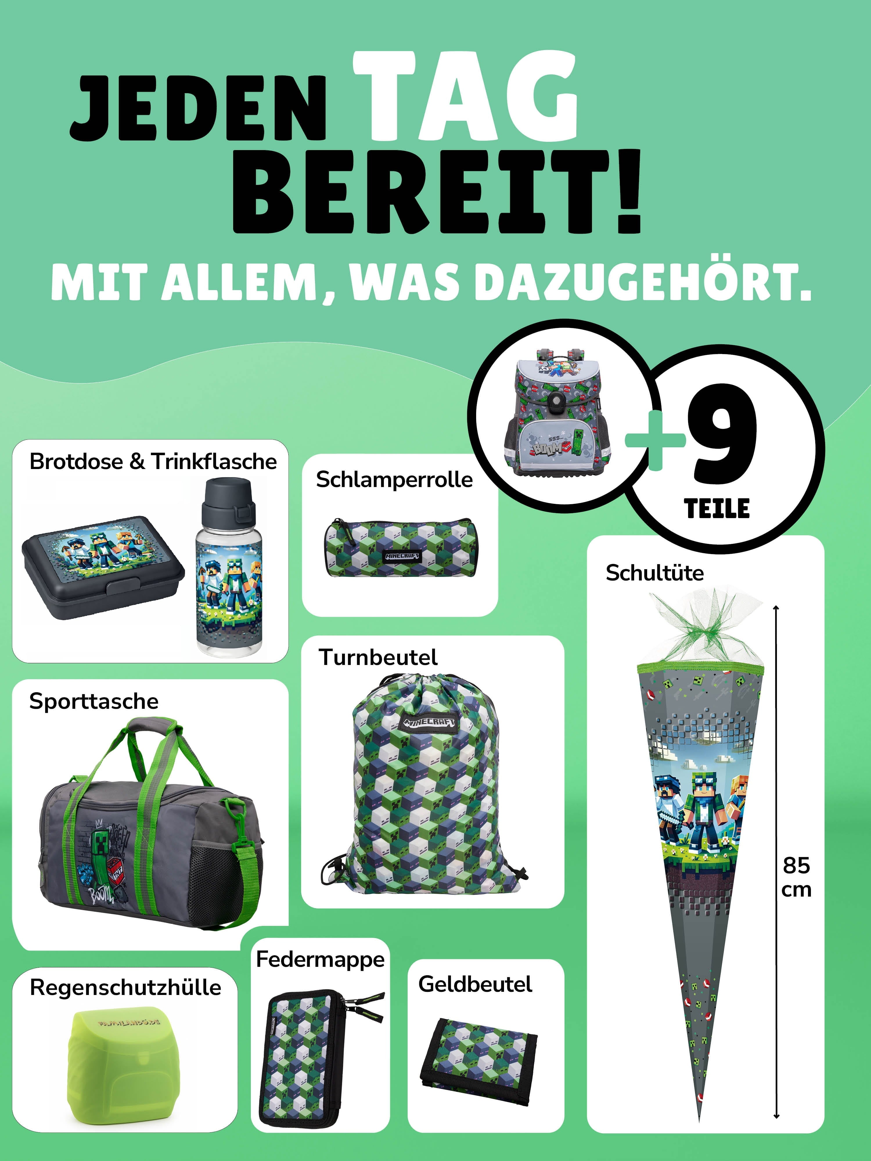 Minecraft Schulranzen Set Grau für Jungen - Komplett-Set für die 1. bis 4. Klasse - Schultasche Ergonomisch, Leicht, Kompakt mit Sporttasche