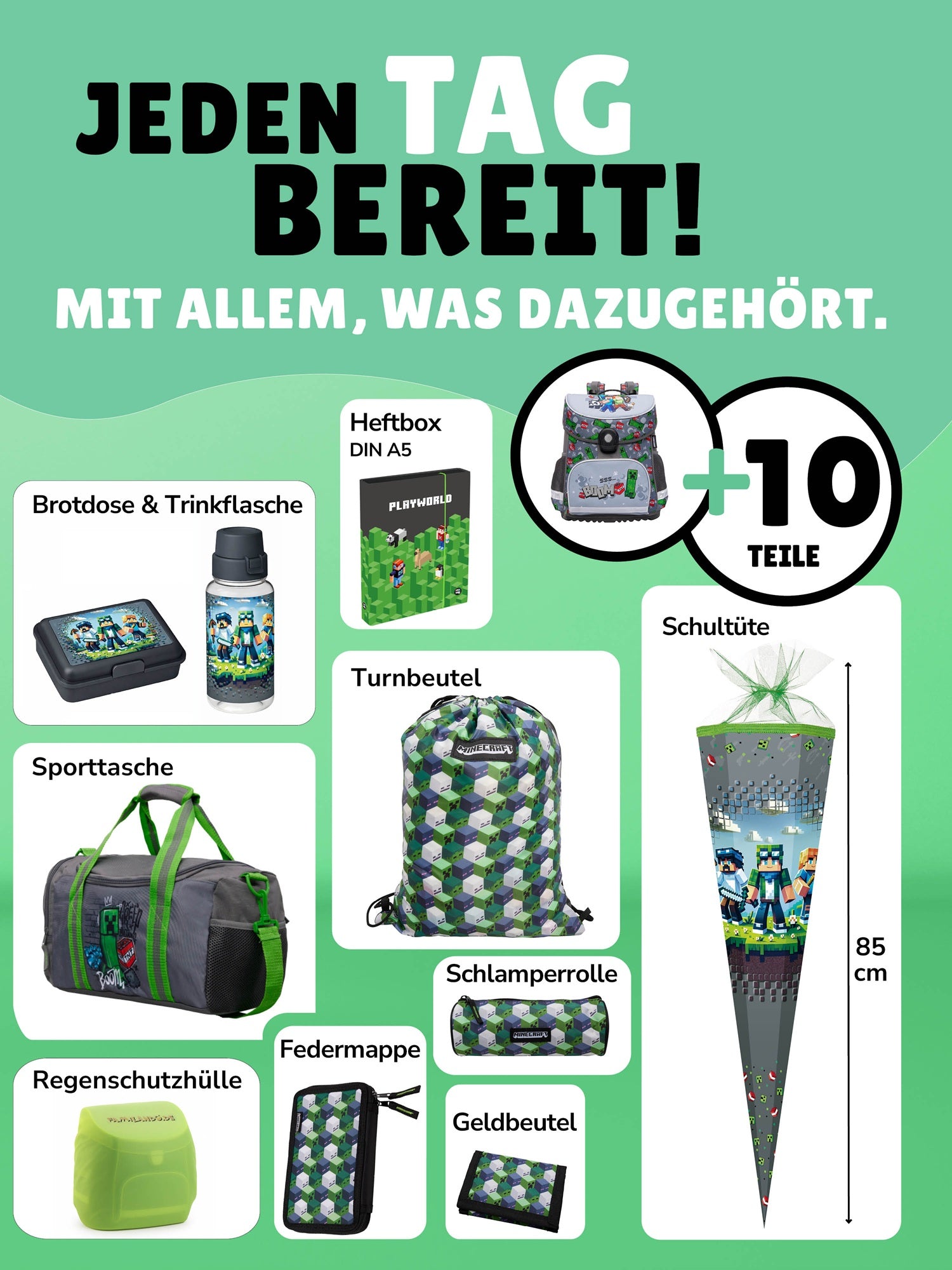 Minecraft Schulranzen Set Grau für Jungen - Komplett-Set für die 1. bis 4. Klasse - Schultasche Ergonomisch, Leicht, Kompakt mit Sporttasche