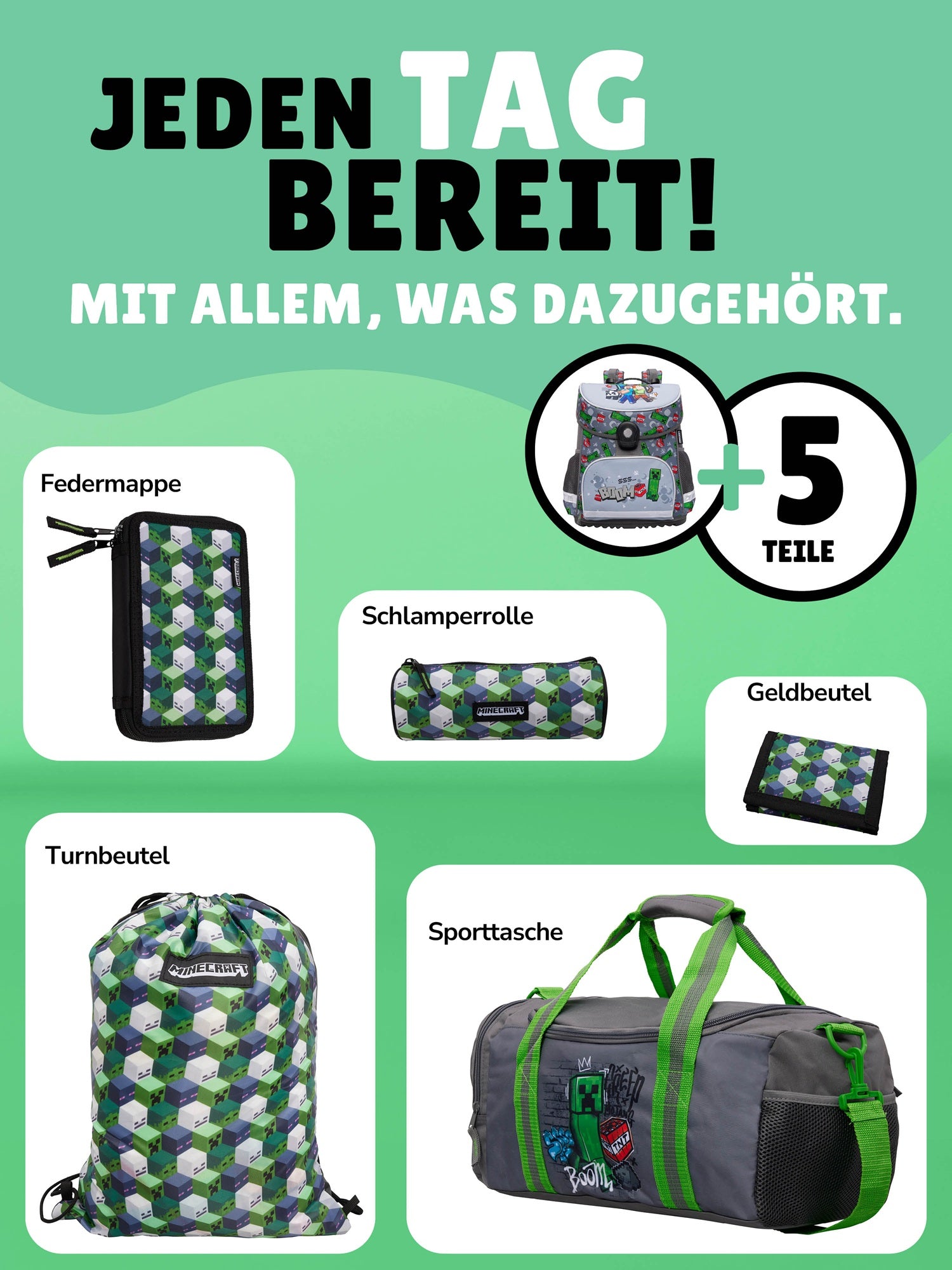 Familando Minecraft Schulranzen Set, grau - Gaming Pixel Schultasche ab 1. Klasse