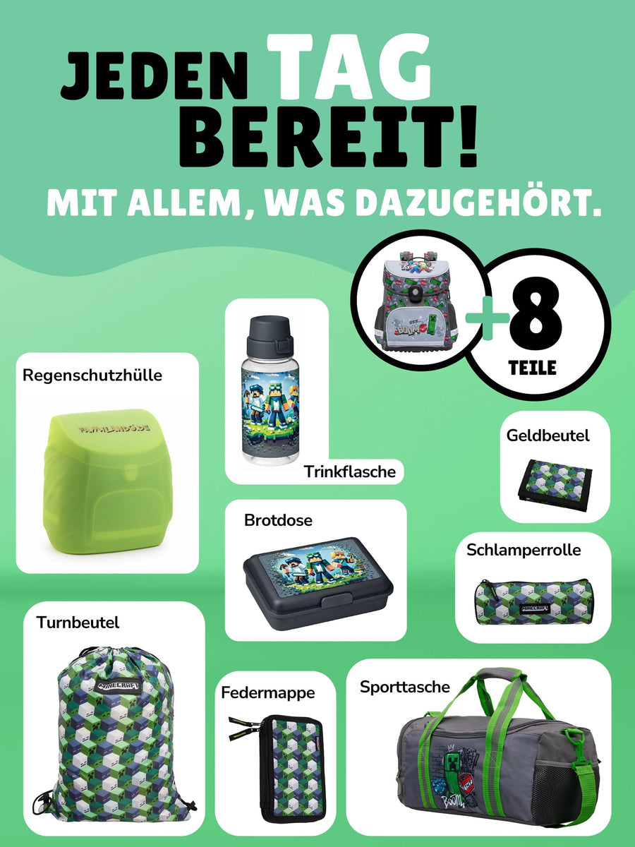 Minecraft Schulranzen für Jungen 1. Klasse Graue Schultasche im Set 9-teilig mit Brotdose, Trinkflasche und Sporttasche