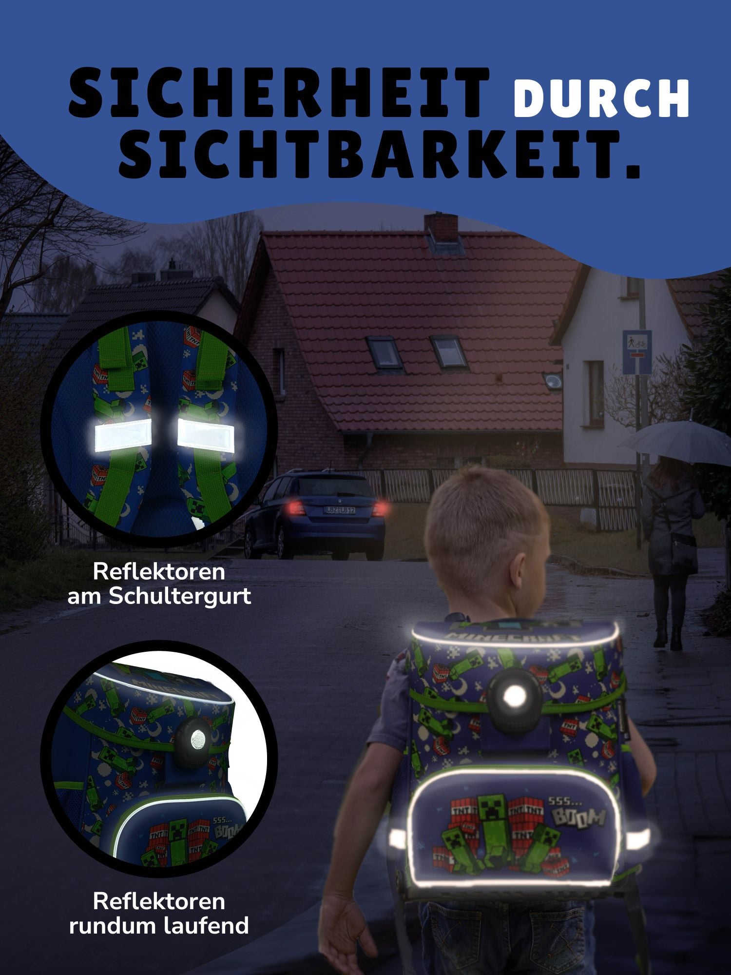 Kleiner Junge läuft an dunkler Straße entlang - die Reflektoren des Schulranzens sind gut zu erkennen und strahlen hell