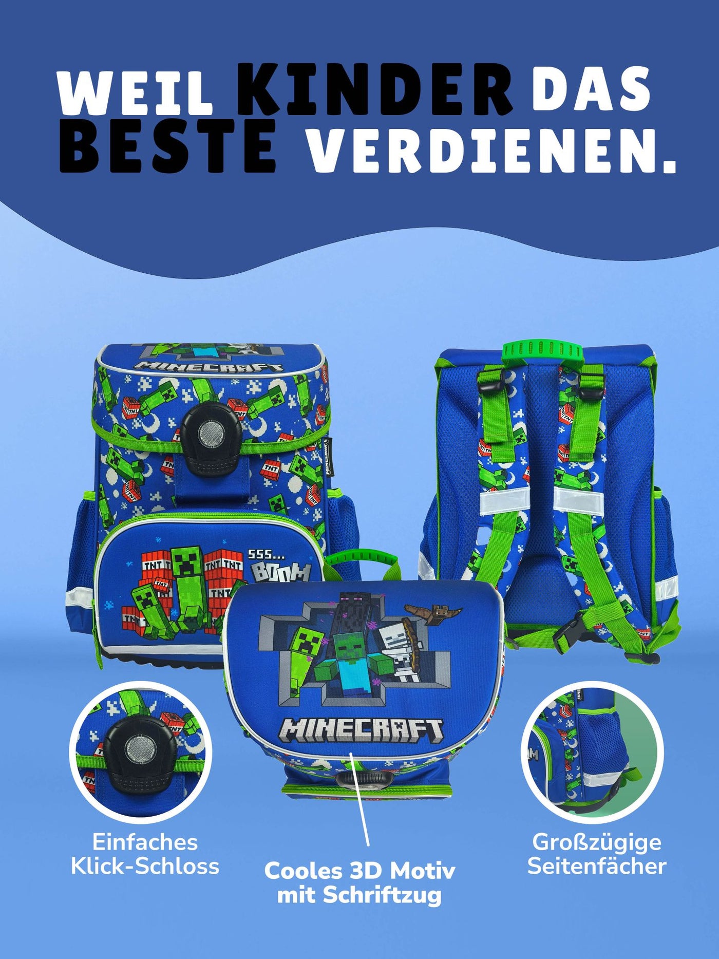 Mehrfachansicht des Schulranzens: Front, Rück und Deckel mit Motiv - Info  zum Verschluss und Seitentaschen
