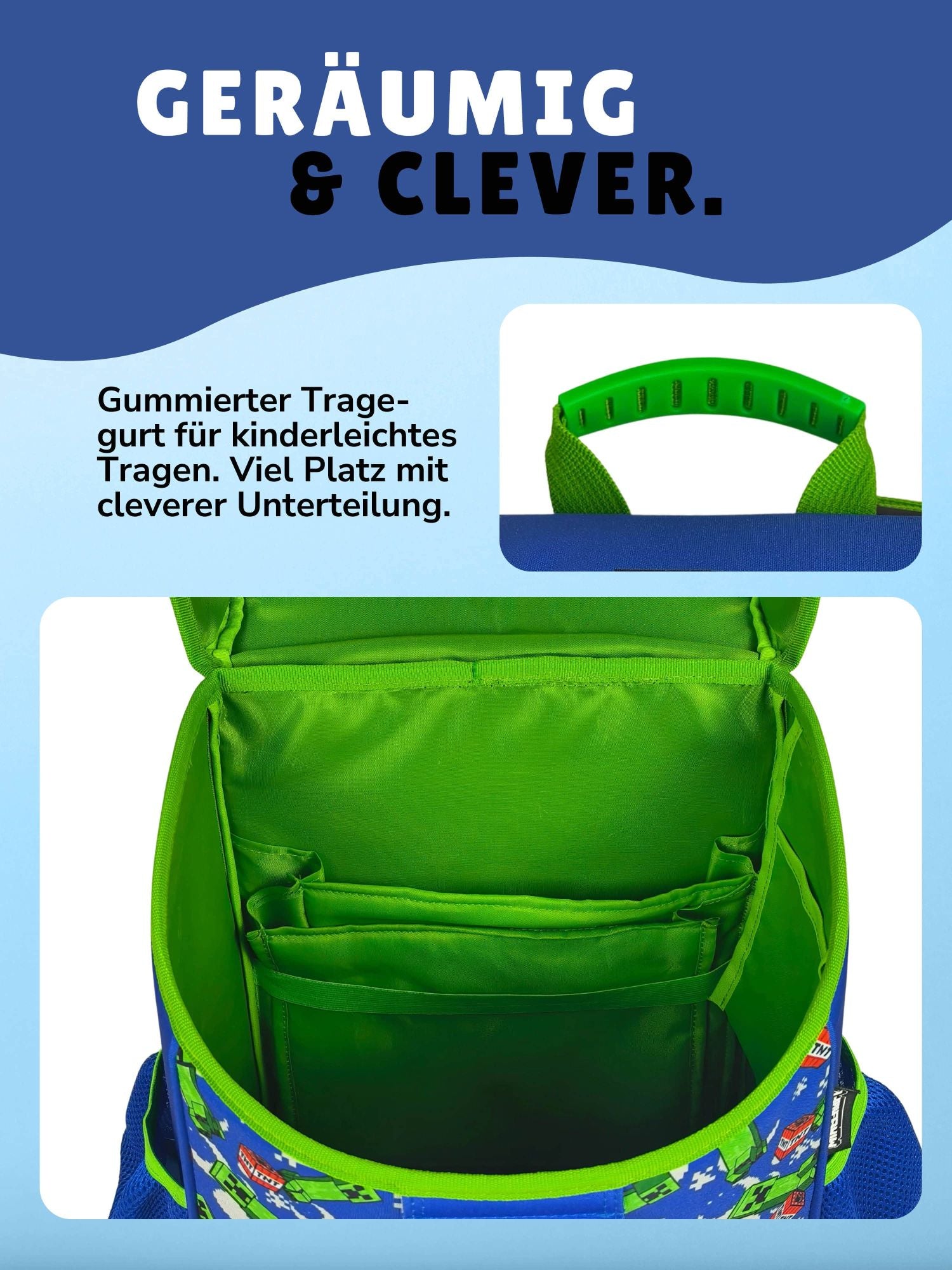 Detailansicht Hauptfach Innen gefüllt mit Heften + Gummigriff am Deckel
