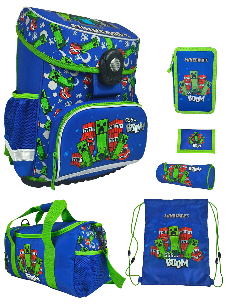 Minecraft Schulranzen Set 11-teilig mit Sporttasche, Dose, Falsche, Schultüte, Heftbox, Turn- & Geldbeutel, Regenschutz und Schlamperrolle