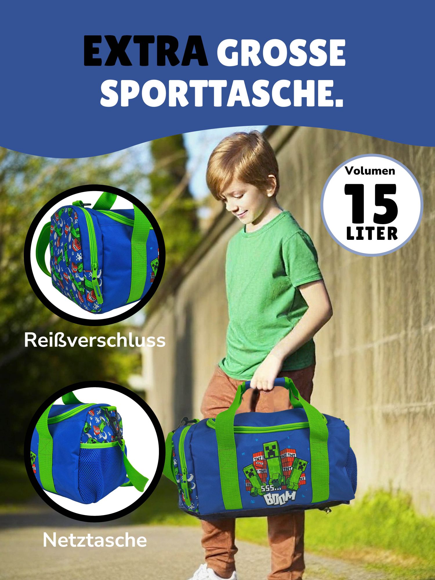 Junge hält große Minecraft Sporttasche mit Creeper Motiv - Info zu Reißverschluss und Netztasche an den Stirnseiten