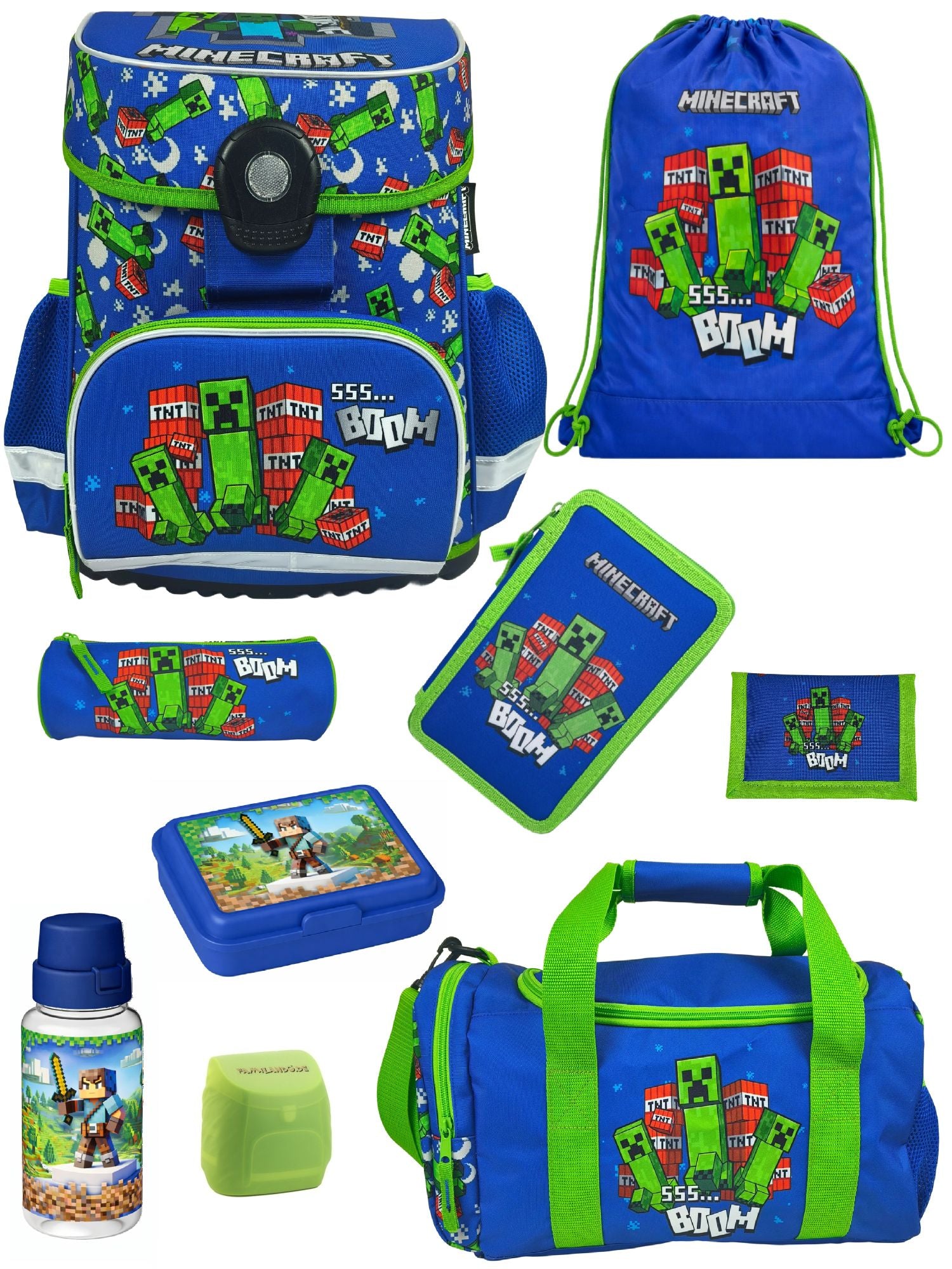 Familando Minecraft Schulranzen Set, blau grün - Gaming Pixel Schultasche ab 1. Klasse