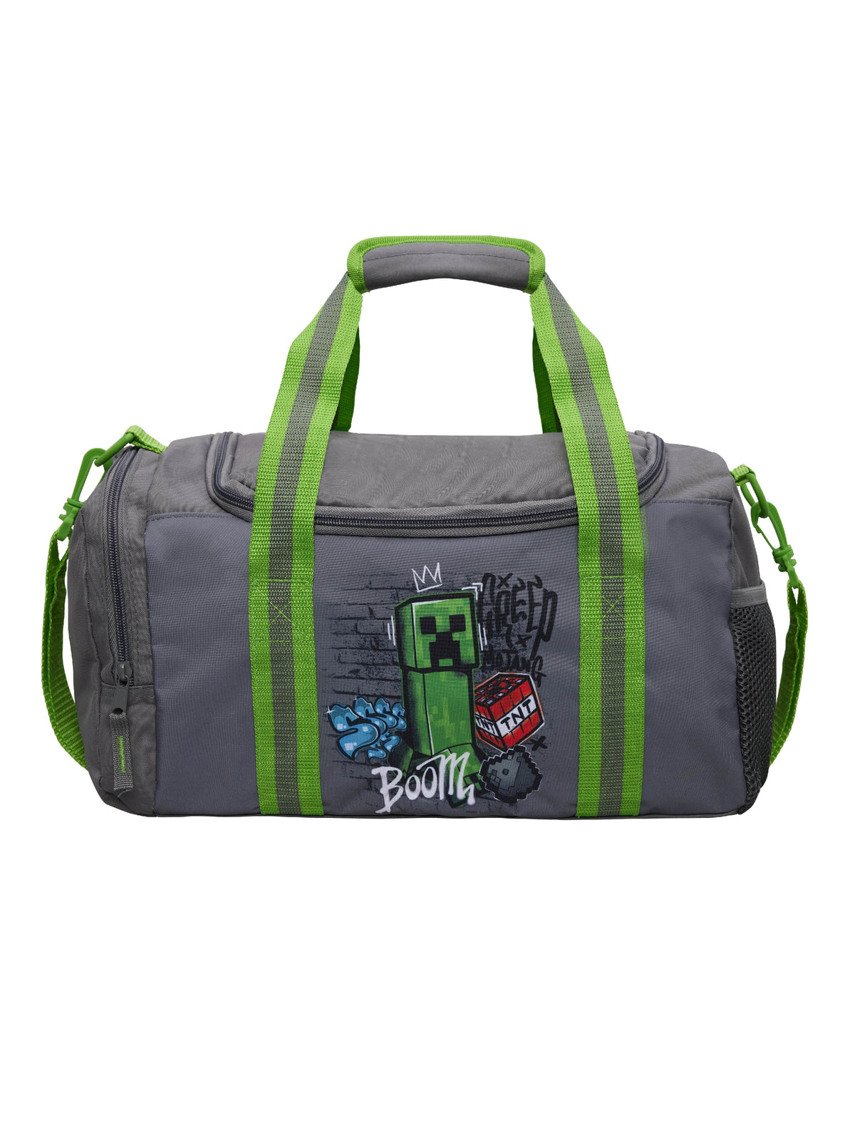 Minecraft Sporttasche für Jungen mit Creeper - Graue Tasche für Sport, Schule, Freizeit mit Schultergurt - 15 L Volumen, Reißverschlüsse, Netzfach