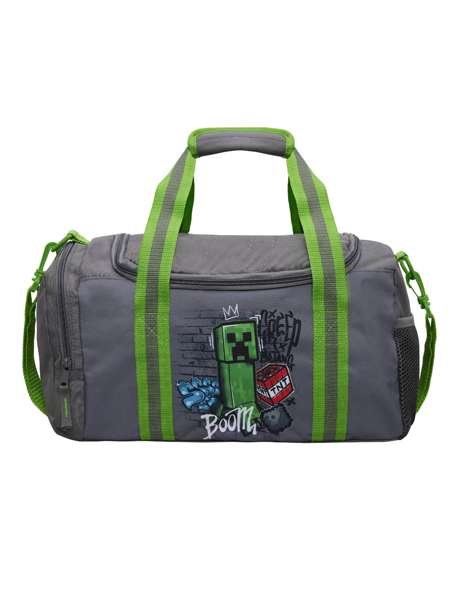 Minecraft Sporttasche für Jungen mit Creeper - Graue Tasche für Sport, Schule, Freizeit mit Schultergurt - 15 L Volumen, Reißverschlüsse, Netzfach