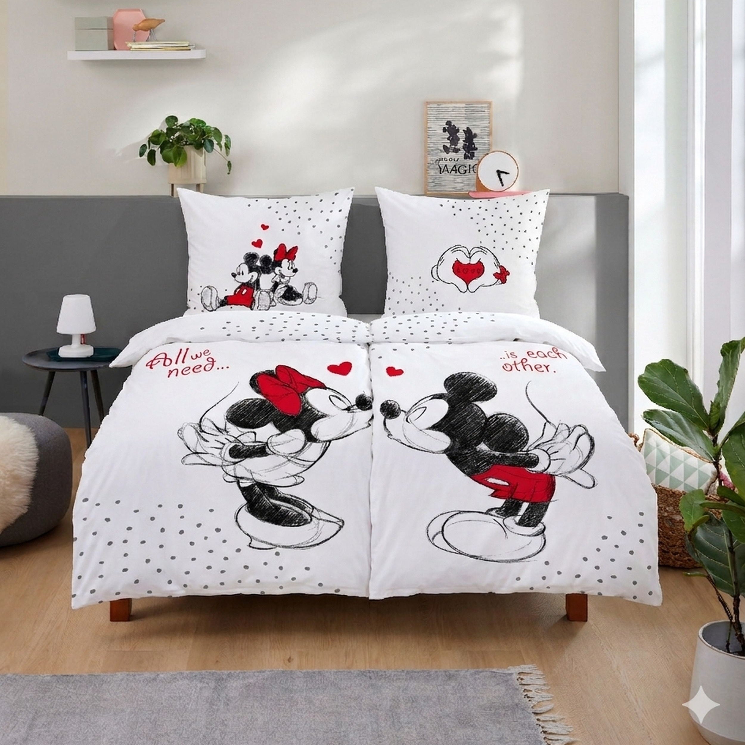 Disney's Mickey & Minnie Mouse Bettwäsche Set 135x200 80x80 cm - Partner Bettwäsche, weiß aus 100% Baumwolle mit Reißverschluss - Öko-Tex zertifiziert