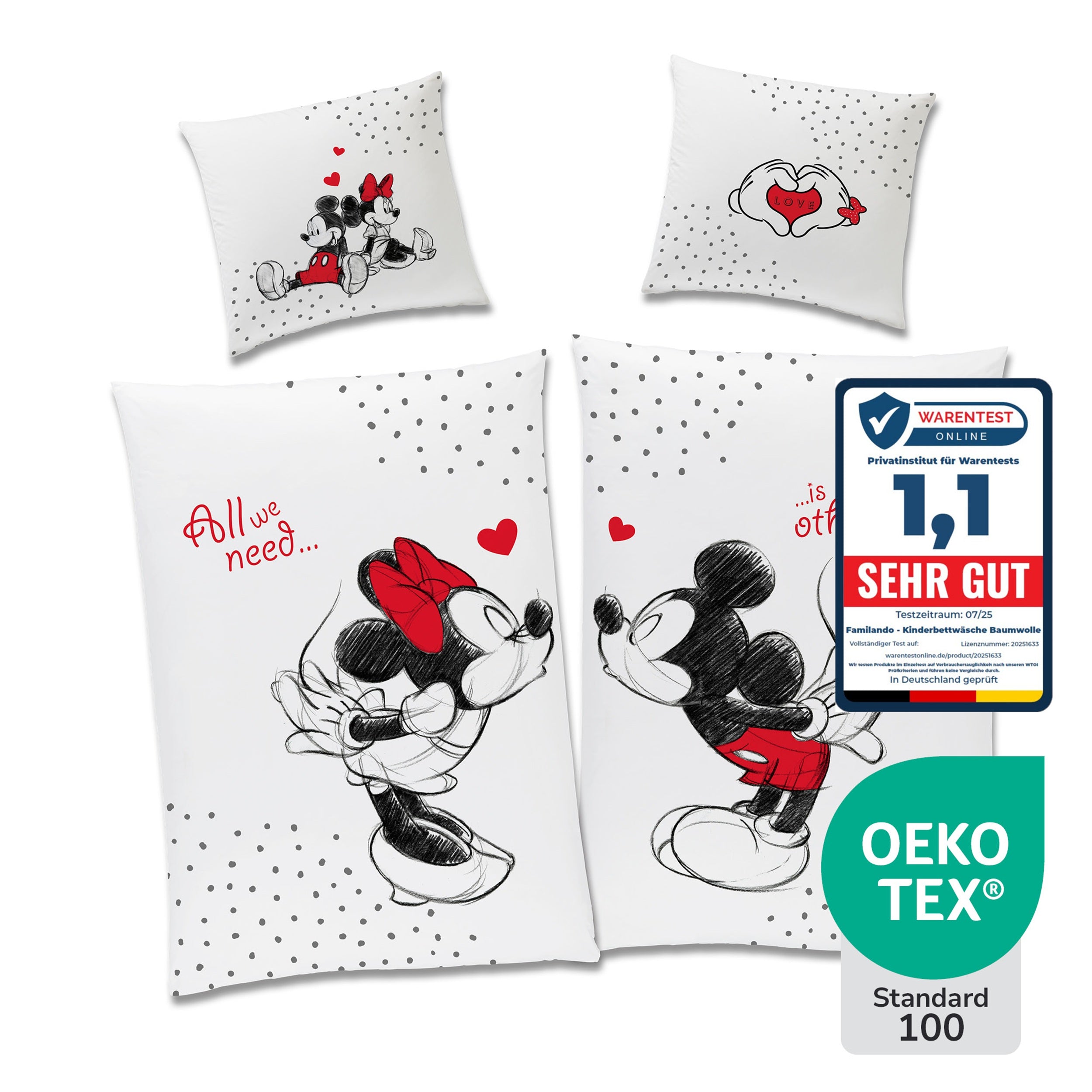 Disney's Mickey & Minnie Mouse Bettwäsche Set 135x200 80x80 cm - Partner Bettwäsche, weiß aus 100% Baumwolle mit Reißverschluss - Öko-Tex zertifiziert