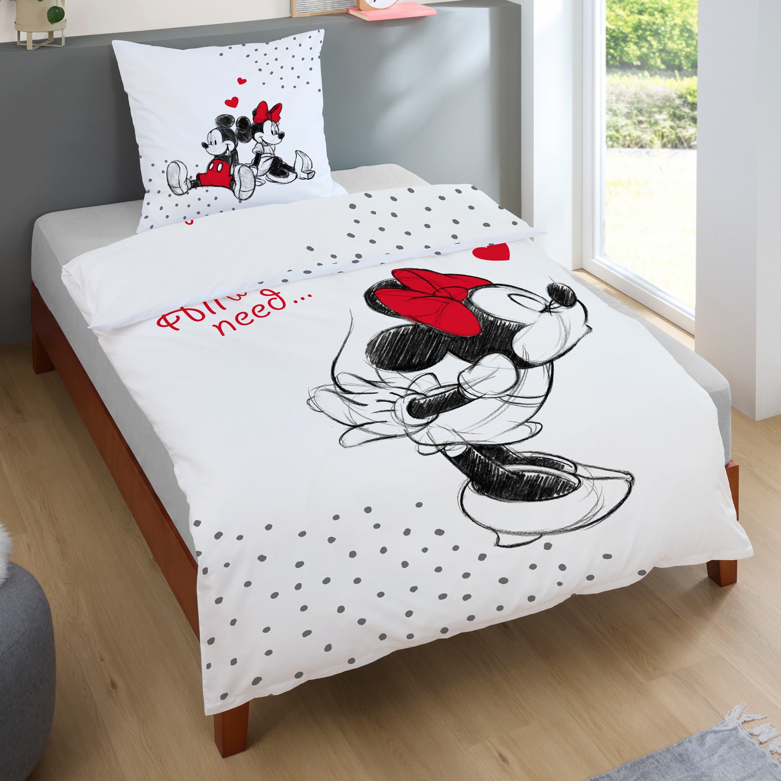 Vorder- und Rückseite mit Minnie und Mickey Mouse inkl. Spruch Partnerbettwäsche in weiß