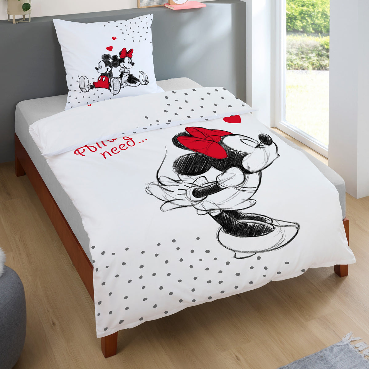 Vorder- und Rückseite mit Minnie und Mickey Mouse inkl. Spruch Partnerbettwäsche in weiß
