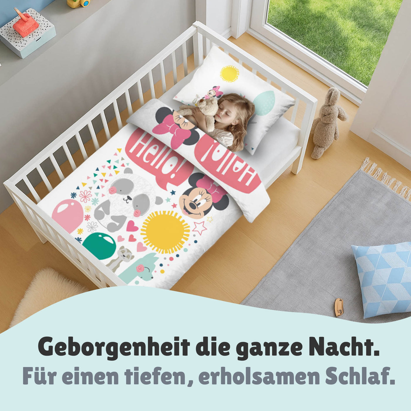 Infotafel Material und Waschhinweise der Babybettwäsche aus 100% Baumwolle mit Reißverschluss und Hoteleinschlag