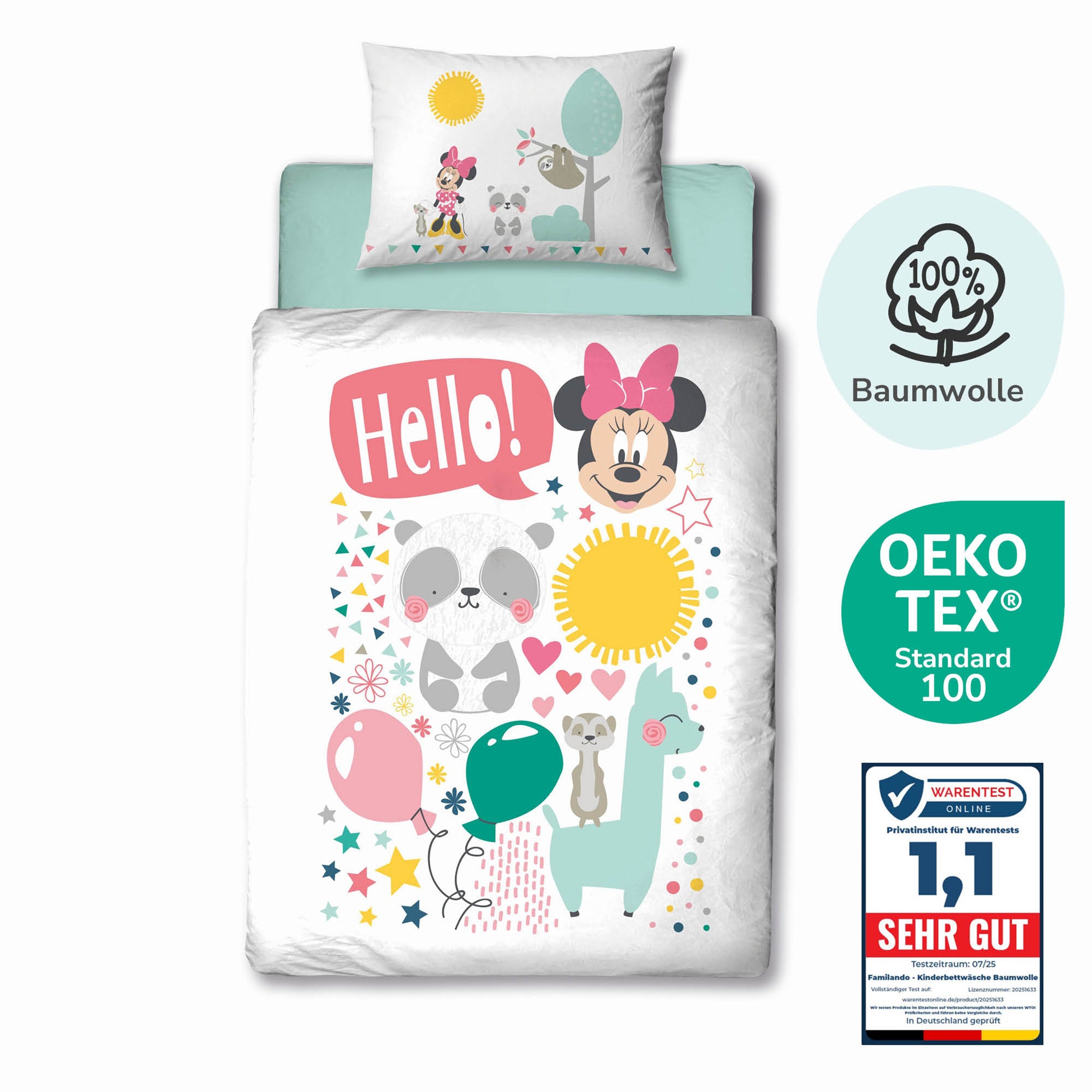 Minnie Mouse Babybettwäsche Set 2-teilig - 100x135 40x60 cm aus 100% Baumwolle mit süßen Tieren - Reißverschluss, Hell, Maschinenwäsche, Öko-Tex