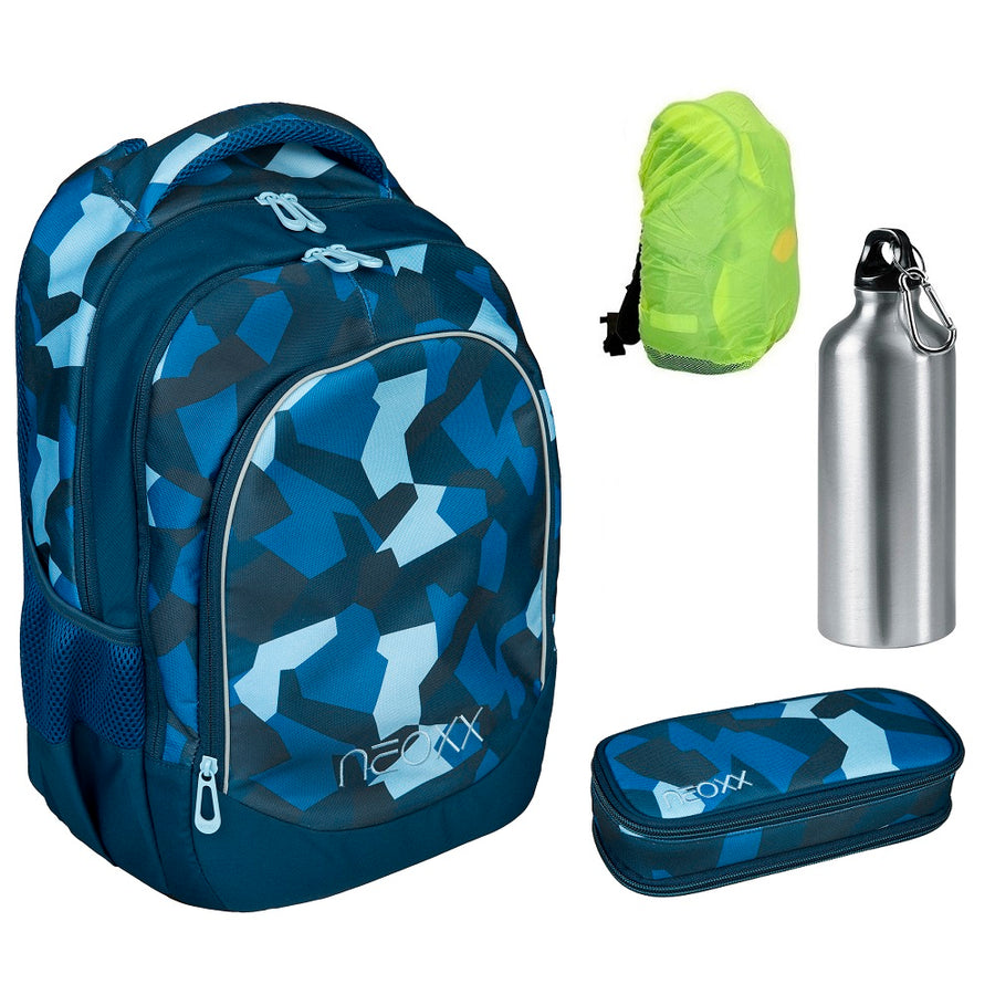 NEOXX Fly Schulrucksack CAMO Nation 4tlg. Set mit Schlamper, Alu-Flasche und Regenschutz