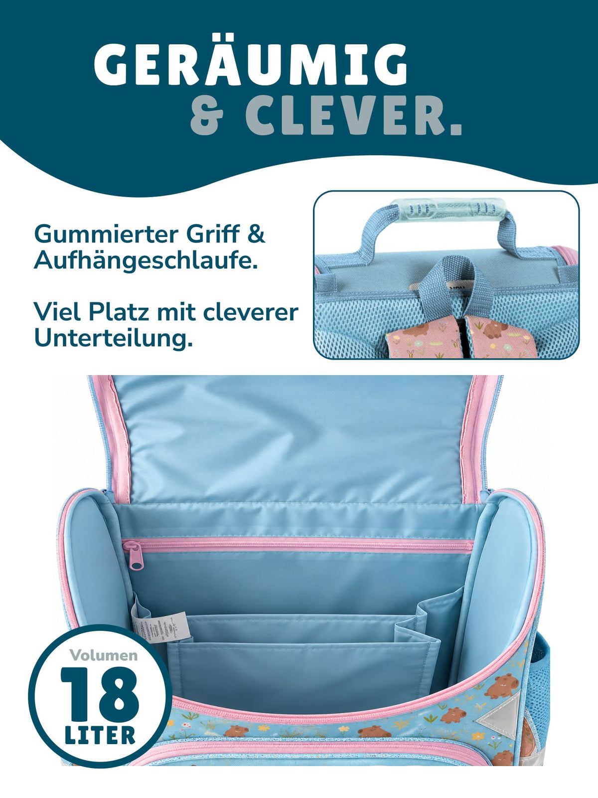 geräumige Mädchen Schultasche 18 Liter Volumen