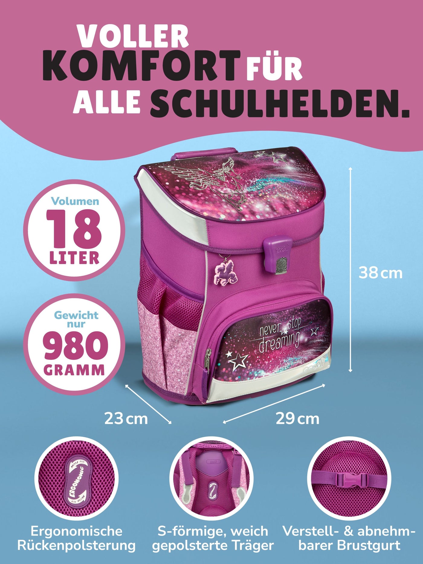 Scooli Schulranzen für Mädchen mit lila Pegasus Motiv Frontansicht 