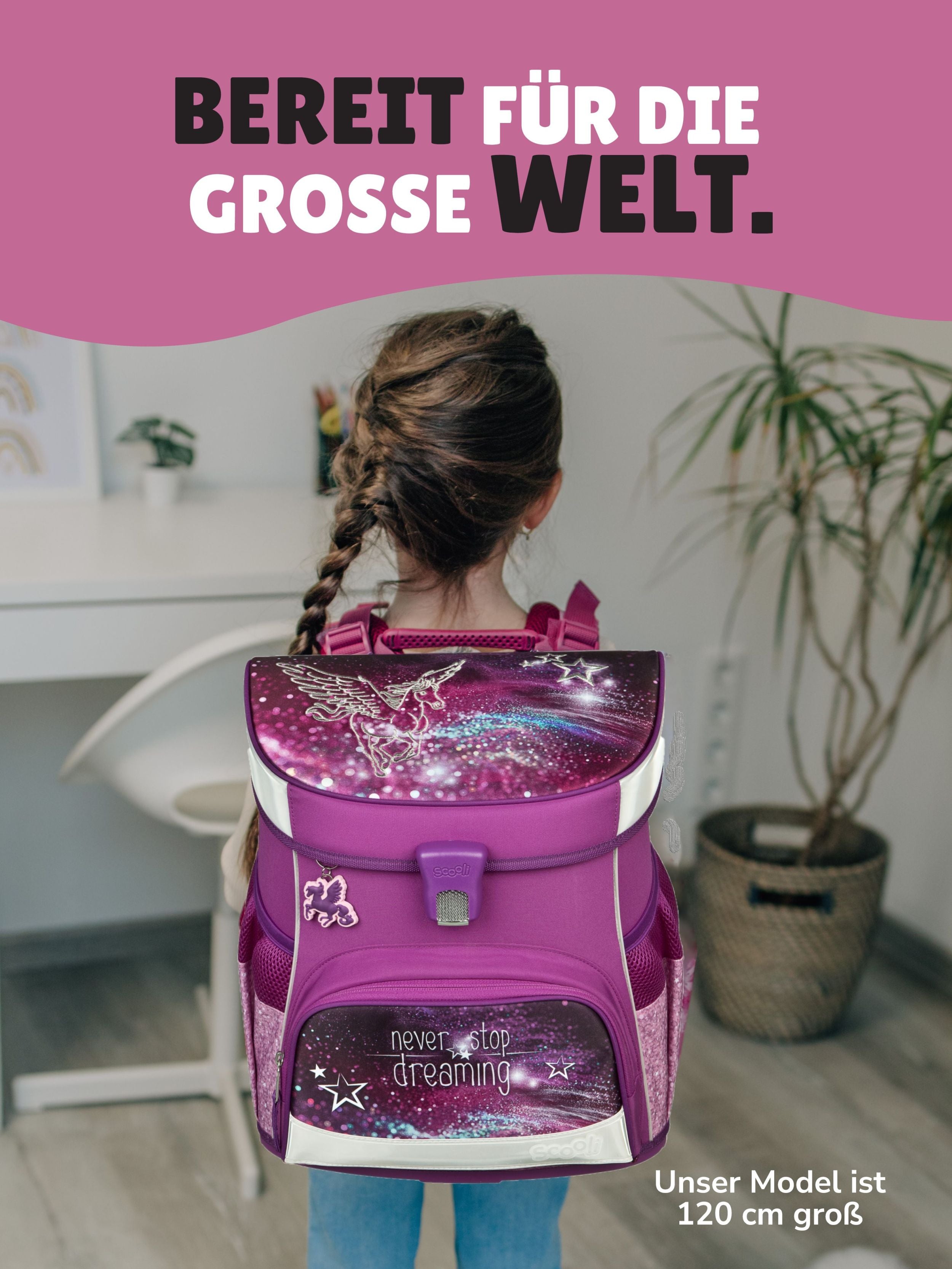 Scooli Schulranzen für Mädchen mit lila Pegasus Motiv Frontansicht mit Symbolen