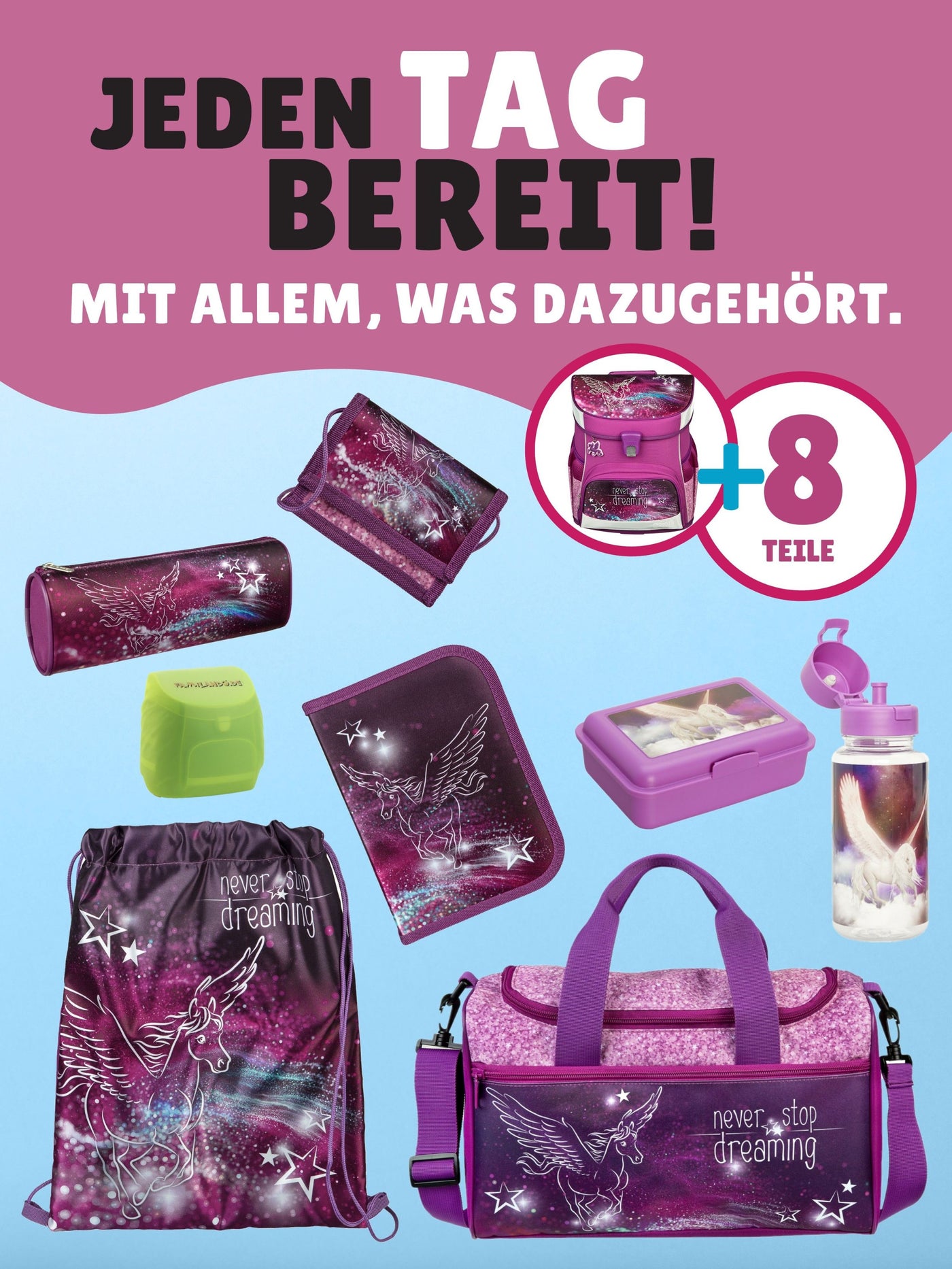 Scooli Campus Fit Schulranzen Set Pegasus, lila - Pferde Schultasche ab 1. Klasse