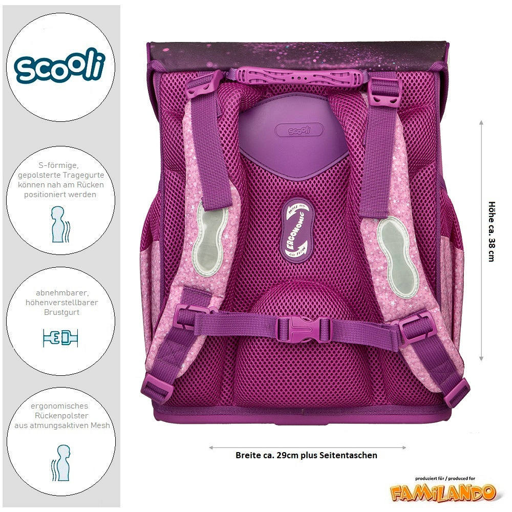 leichter Scooli Ranzen mit ergonomischen Rückenpolster und Brustgurt Pegasus Motiv