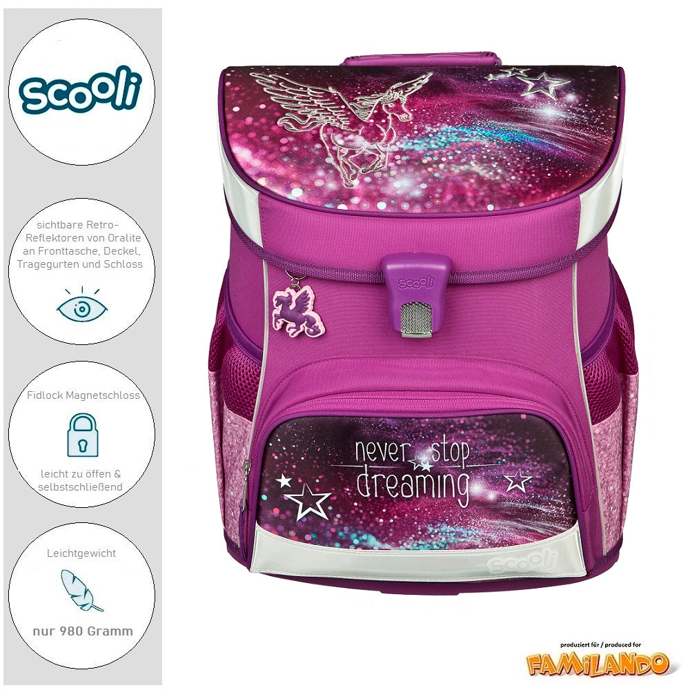 Scooli Schulranzen für Mädchen mit lila Pegasus Motiv Frontansicht mit Symbolen