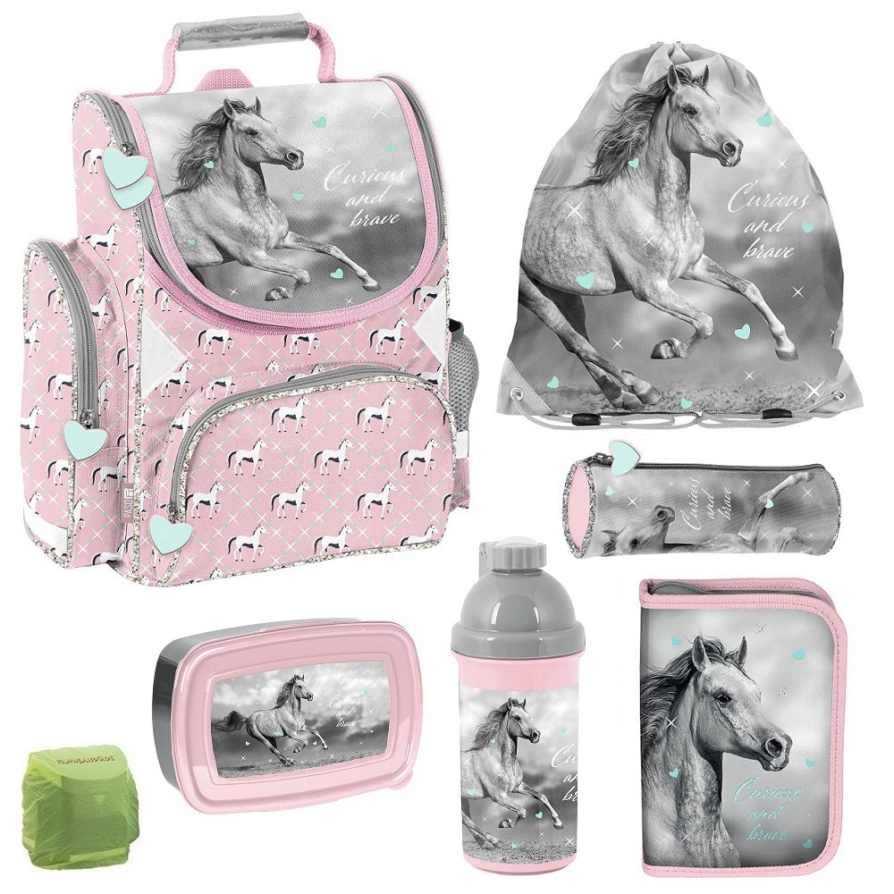 Mädchen Schulranzen Set 7-teiliges Set mit Federmappe Motiv Pferde