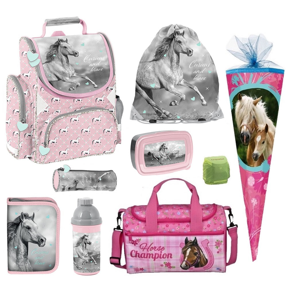 Mädchen Schulranzen Set 9-teiliges Set mit Sporttasche und Schultüte Motiv Pferde