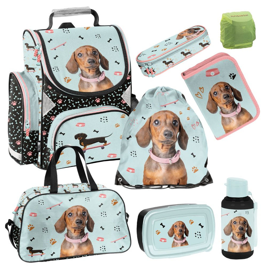Weenie dog Schulranzen Set 8-teilig mit Federmäppchen und Sporttasche
