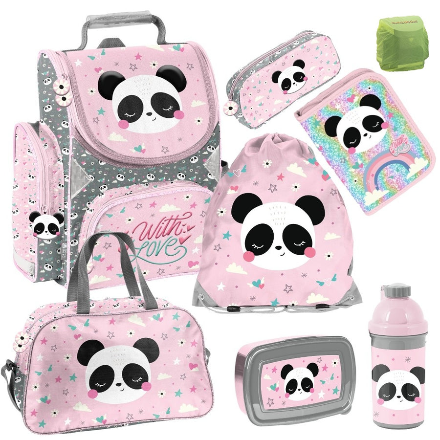 Panda Bär Schulranzen Set 8-teilig mit Federmäppchen und Sporttasche