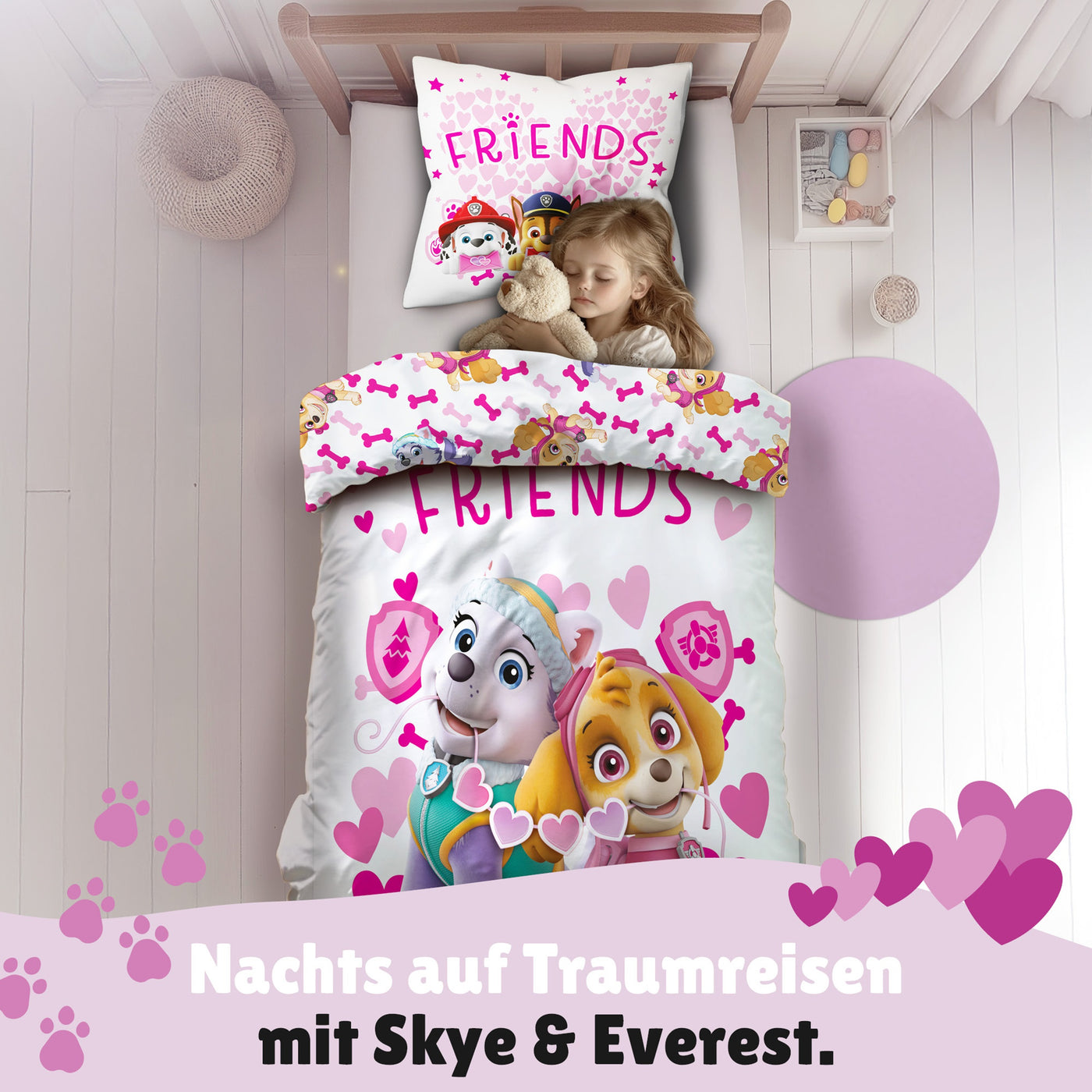 Paw Patrol Bettwäsche Set für Mädchen, Rosa, Renforcé aus 100% Baumwolle - Decken- und Kissenbezug 135x200 80x80 cm mit Reißverschluss - Öko-Tex
