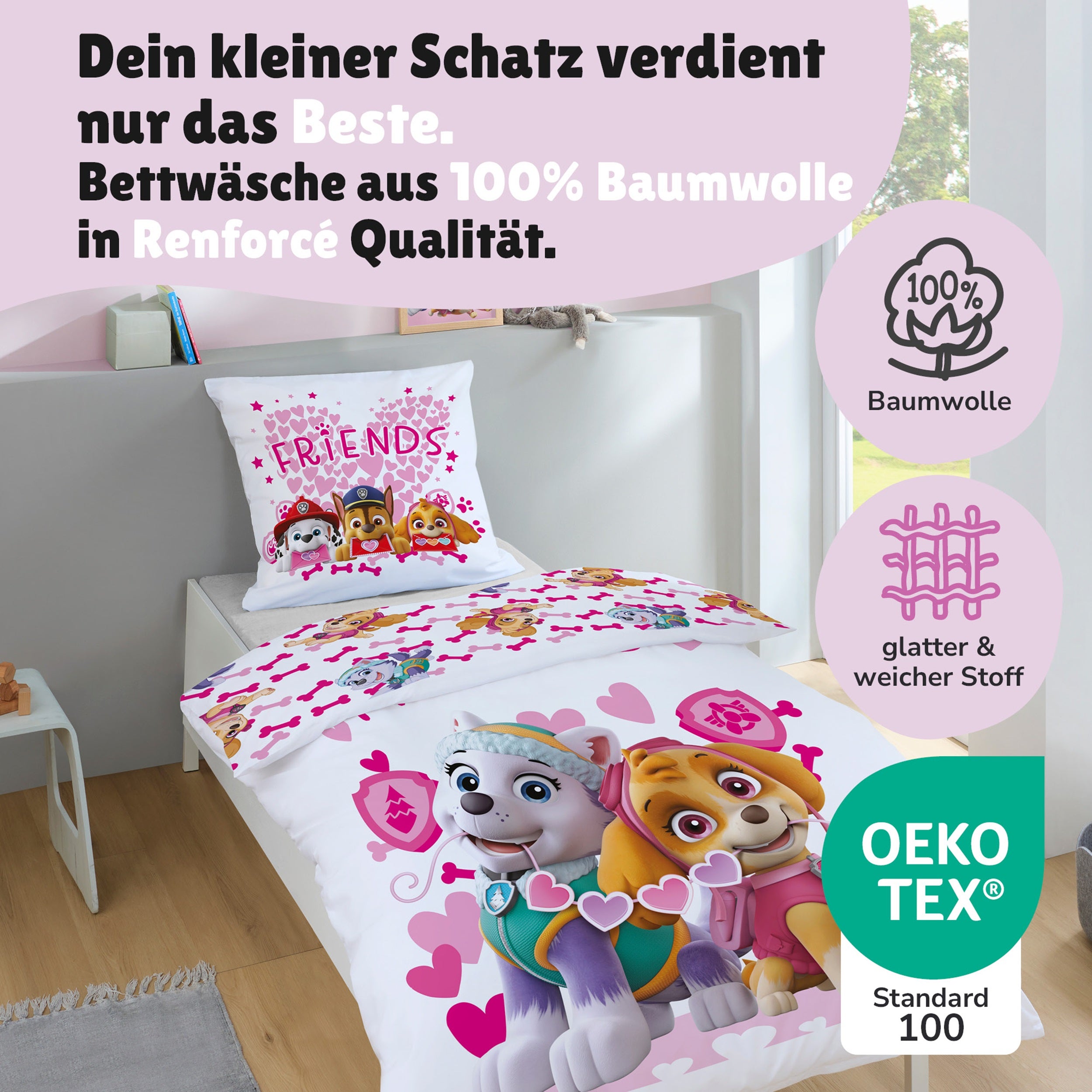 Paw Patrol Bettwäsche Set für Mädchen, Rosa, Renforcé aus 100% Baumwolle - Decken- und Kissenbezug 135x200 80x80 cm mit Reißverschluss - Öko-Tex