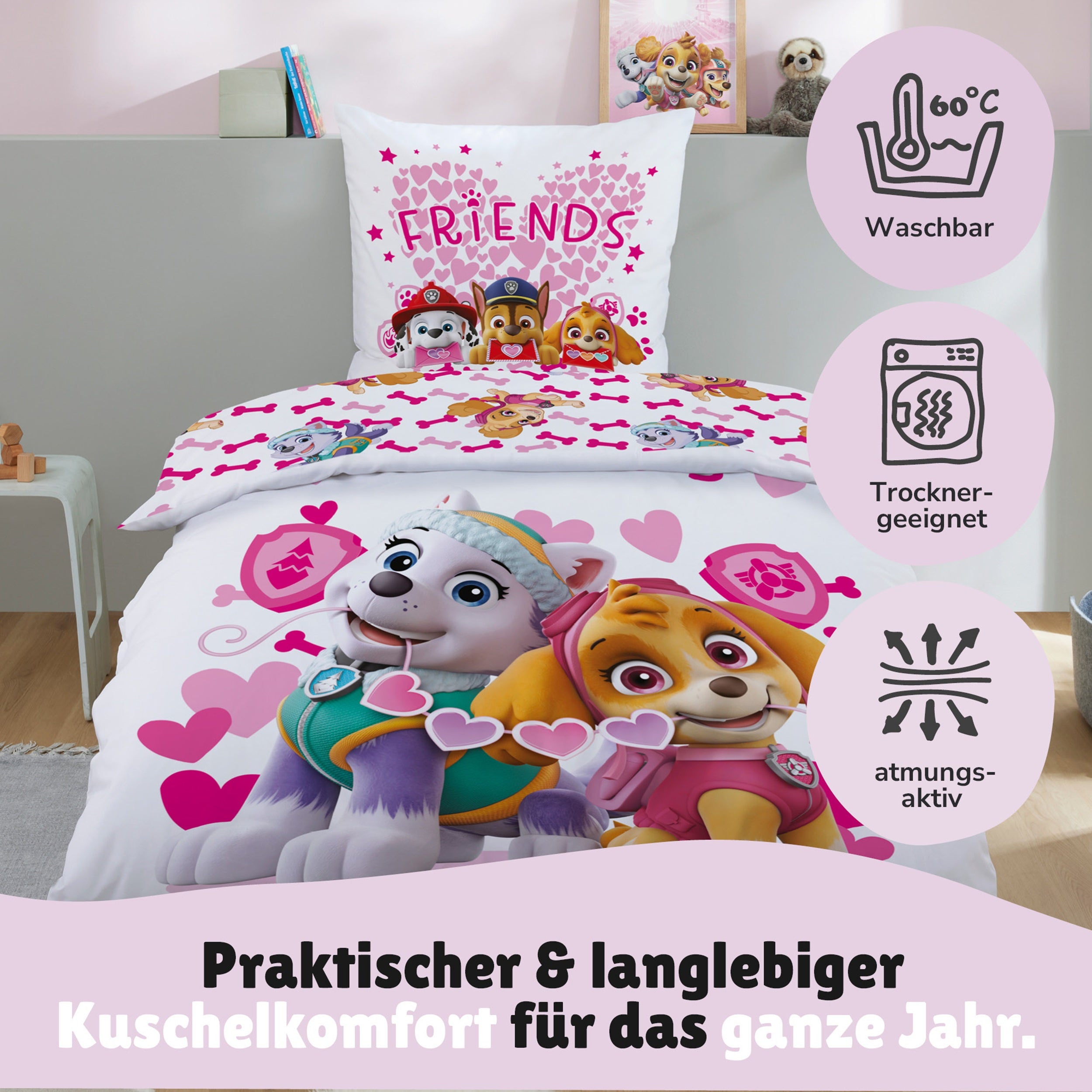 Paw Patrol Bettwäsche Set für Mädchen, Rosa, Renforcé aus 100% Baumwolle - Decken- und Kissenbezug 135x200 80x80 cm mit Reißverschluss - Öko-Tex