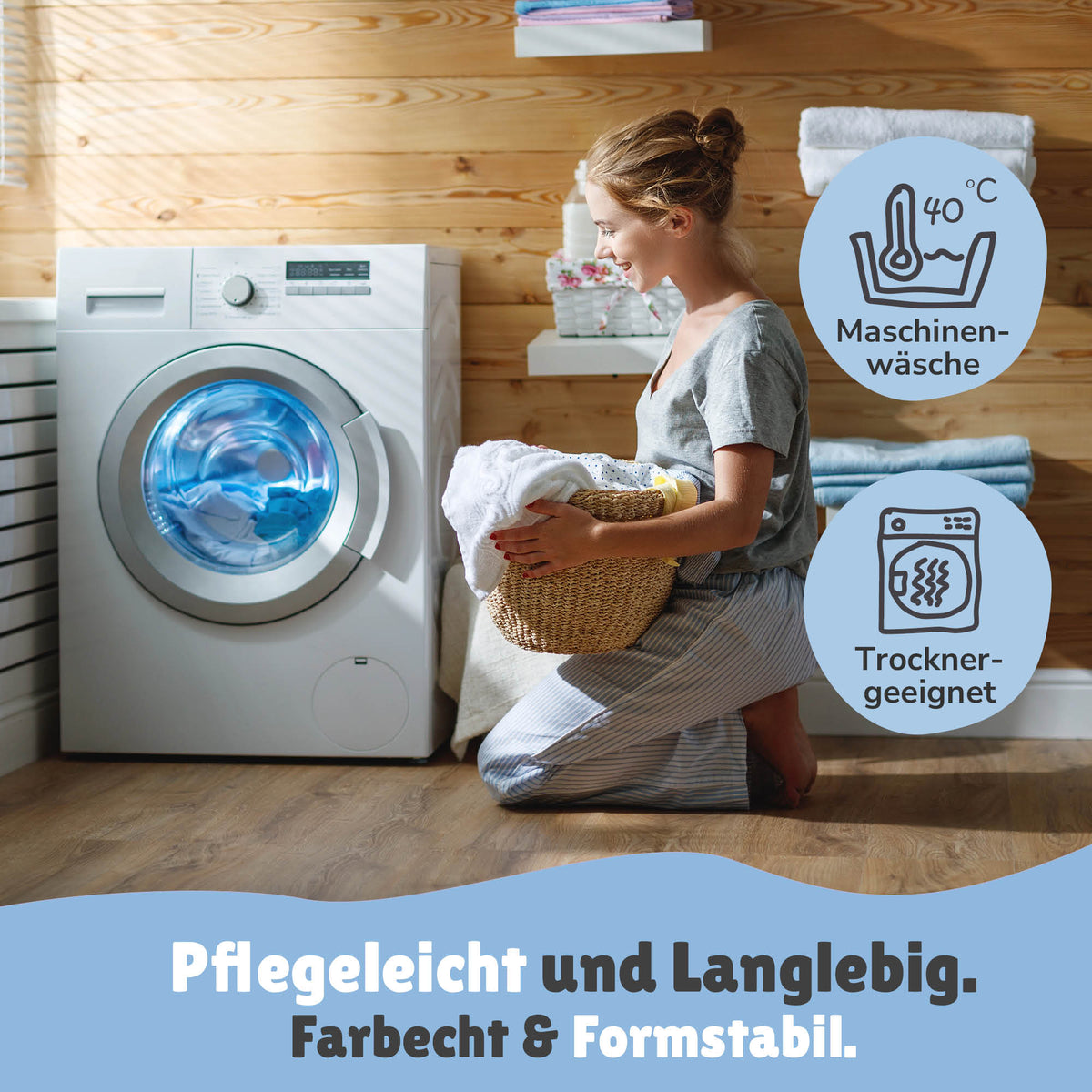 Zufriedene Mama in der Waschküche mit Info zur Pflege des Handtuchs, 40°C + Trockner