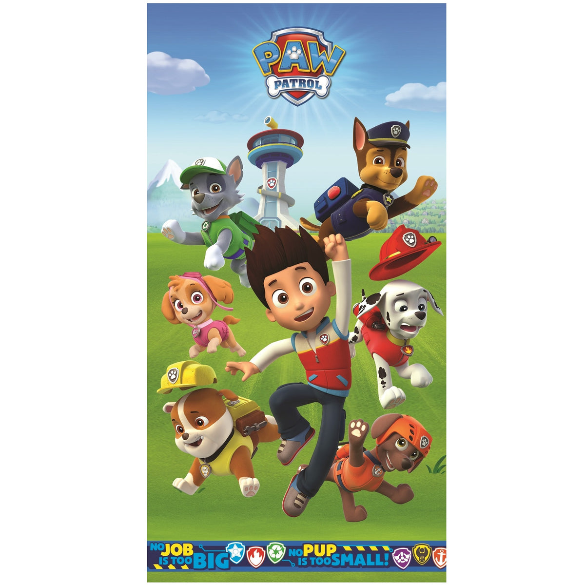 Paw Patrol Handtuch  mit Ryder und den Pups vor weißem Grund in vollansicht